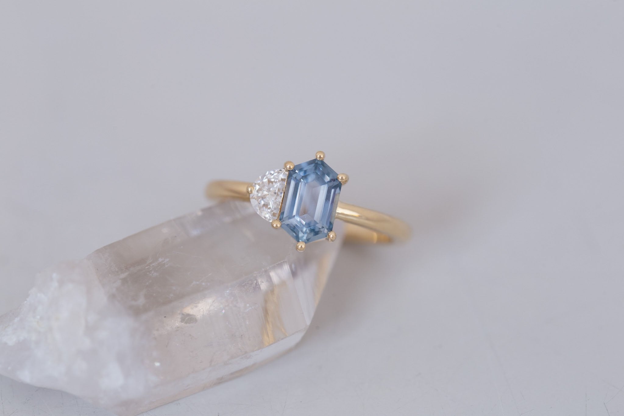 Liana Ring | Grey-Blue Elongated Hexagon Sapphire + Half Moon Diamond Engagement Ring 1.46 ct | 14k Recycled Gold | One of a Kind