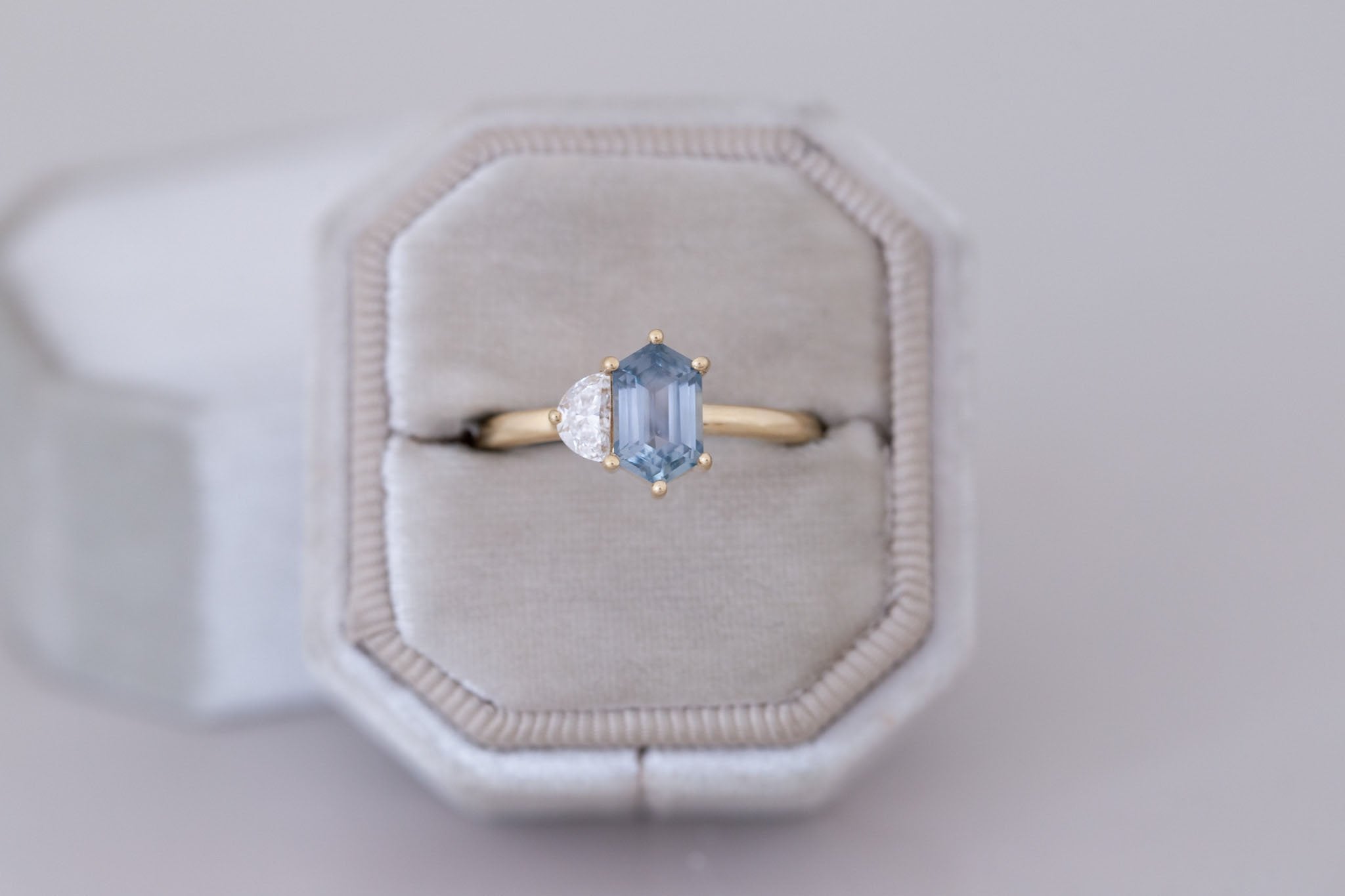 Liana Ring | Grey-Blue Elongated Hexagon Sapphire + Half Moon Diamond Engagement Ring 1.46 ct | 14k Recycled Gold | One of a Kind