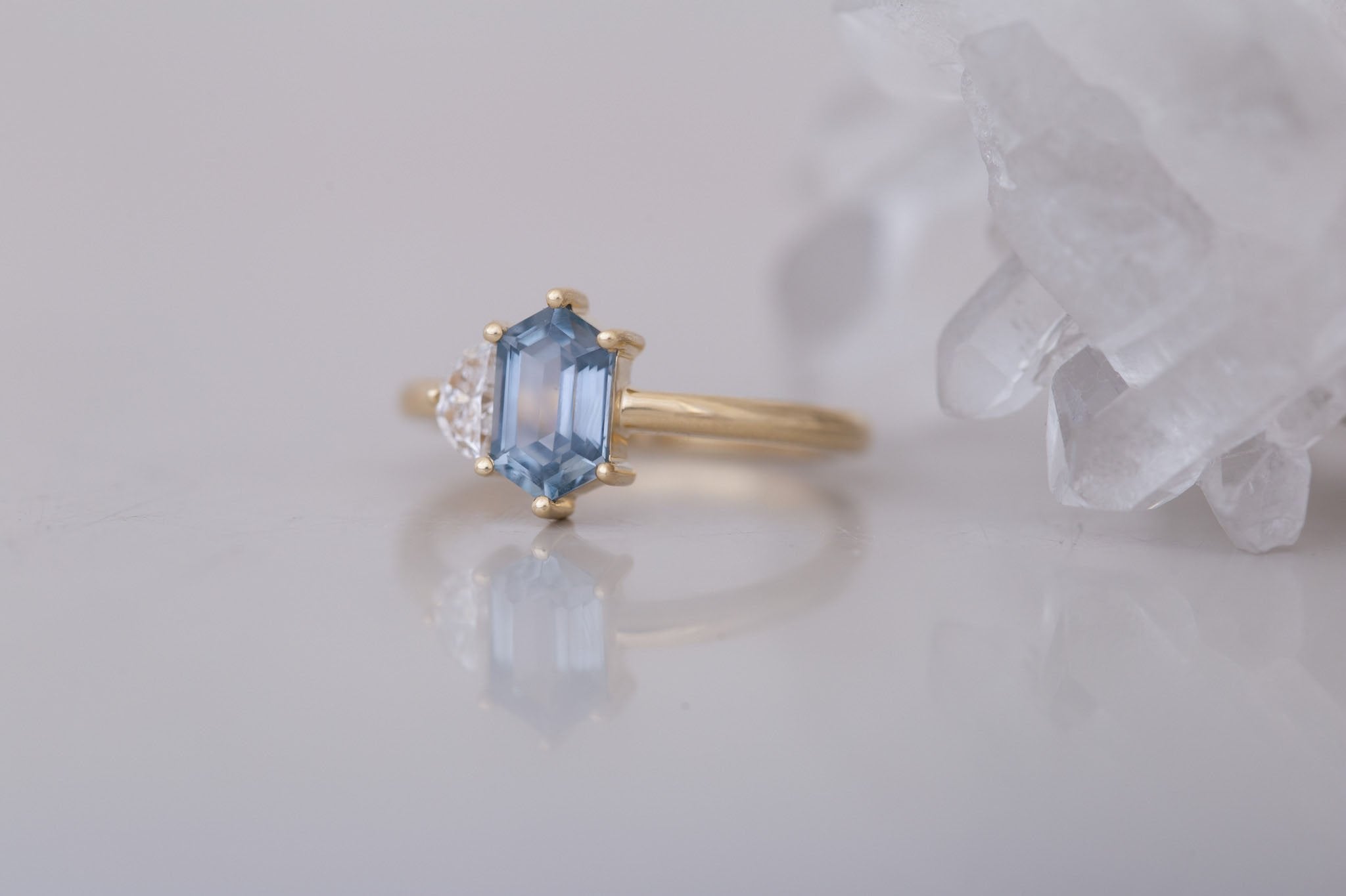 Liana Ring | Grey-Blue Elongated Hexagon Sapphire + Half Moon Diamond Engagement Ring 1.46 ct | 14k Recycled Gold | One of a Kind