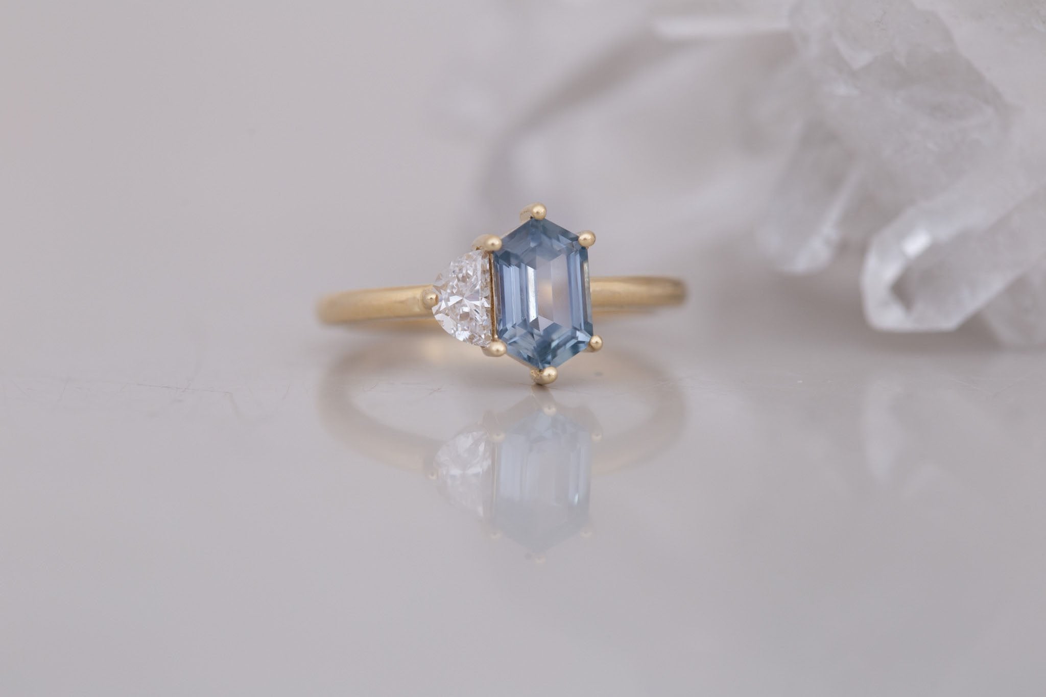 Liana Ring | Grey-Blue Elongated Hexagon Sapphire + Half Moon Diamond Engagement Ring 1.46 ct | 14k Recycled Gold | One of a Kind