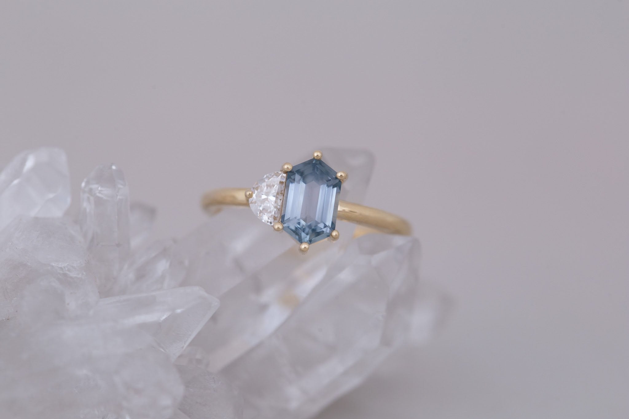 Liana Ring | Grey-Blue Elongated Hexagon Sapphire + Half Moon Diamond Engagement Ring 1.46 ct | 14k Recycled Gold | One of a Kind