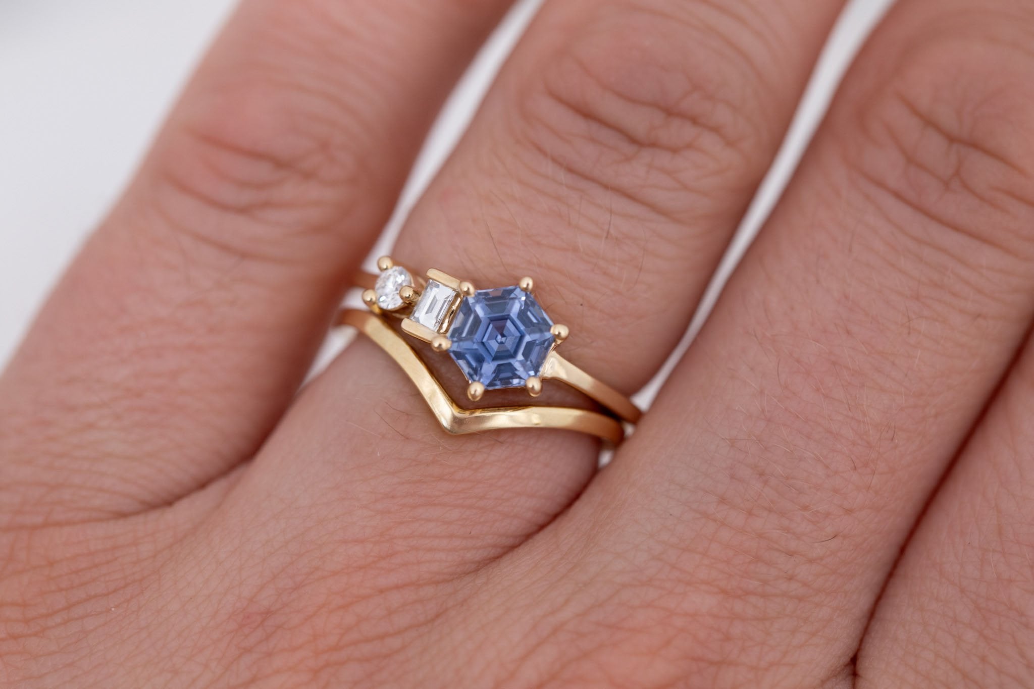 Sireli Ring | Blue Hexagon Sapphire + Diamond Cluster Engagement Ring 1.46 ct | 14k Recycled Gold | One of a Kind