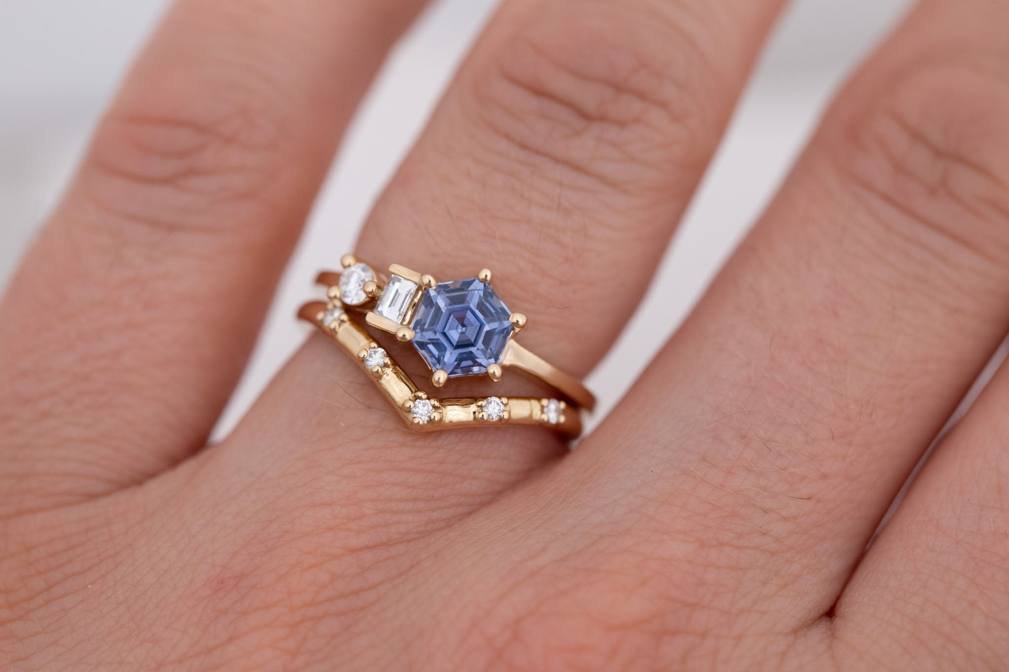 Sireli Ring | Blue Hexagon Sapphire + Diamond Cluster Engagement Ring 1.46 ct | 14k Recycled Gold | One of a Kind