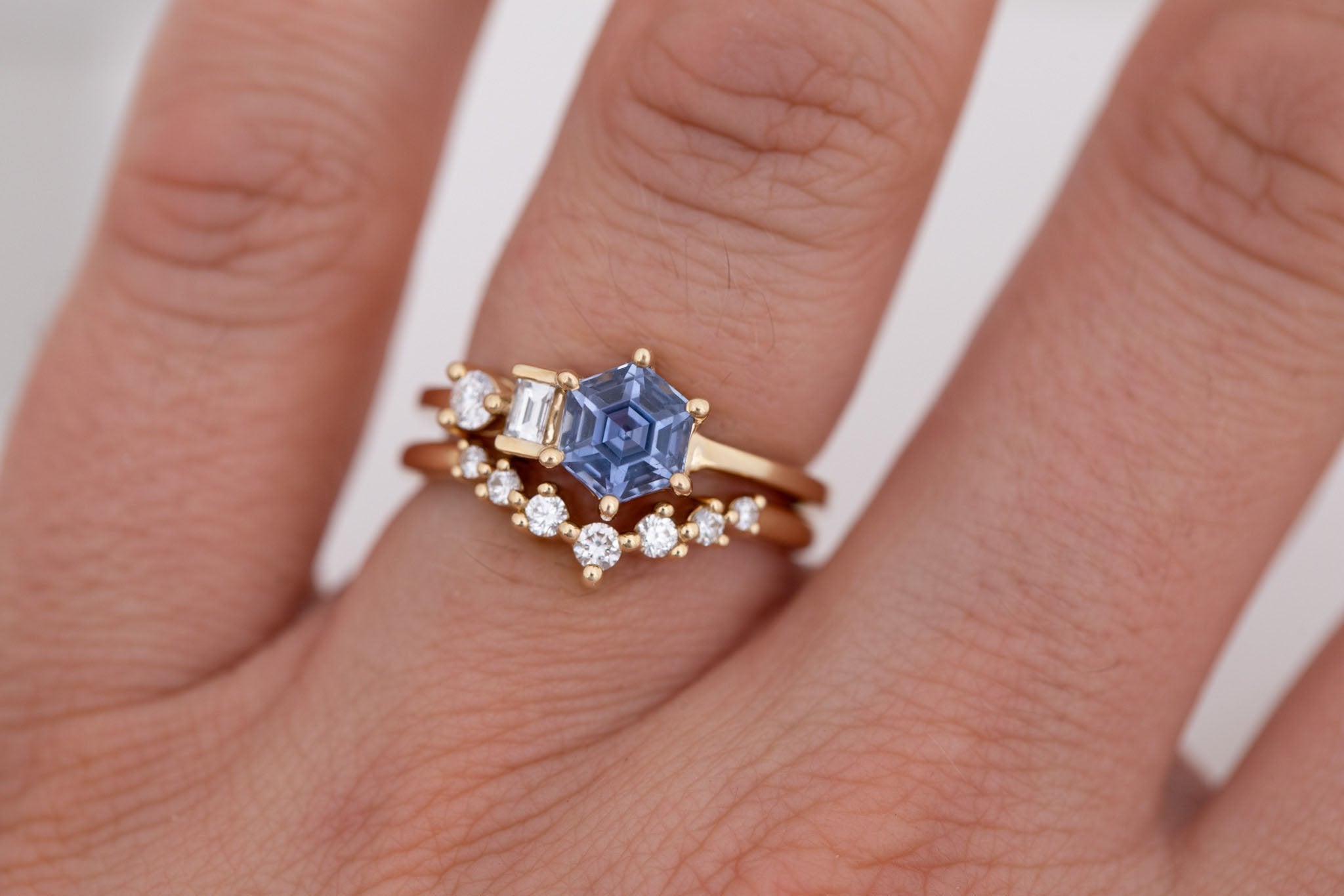 Sireli Ring | Blue Hexagon Sapphire + Diamond Cluster Engagement Ring 1.46 ct | 14k Recycled Gold | One of a Kind