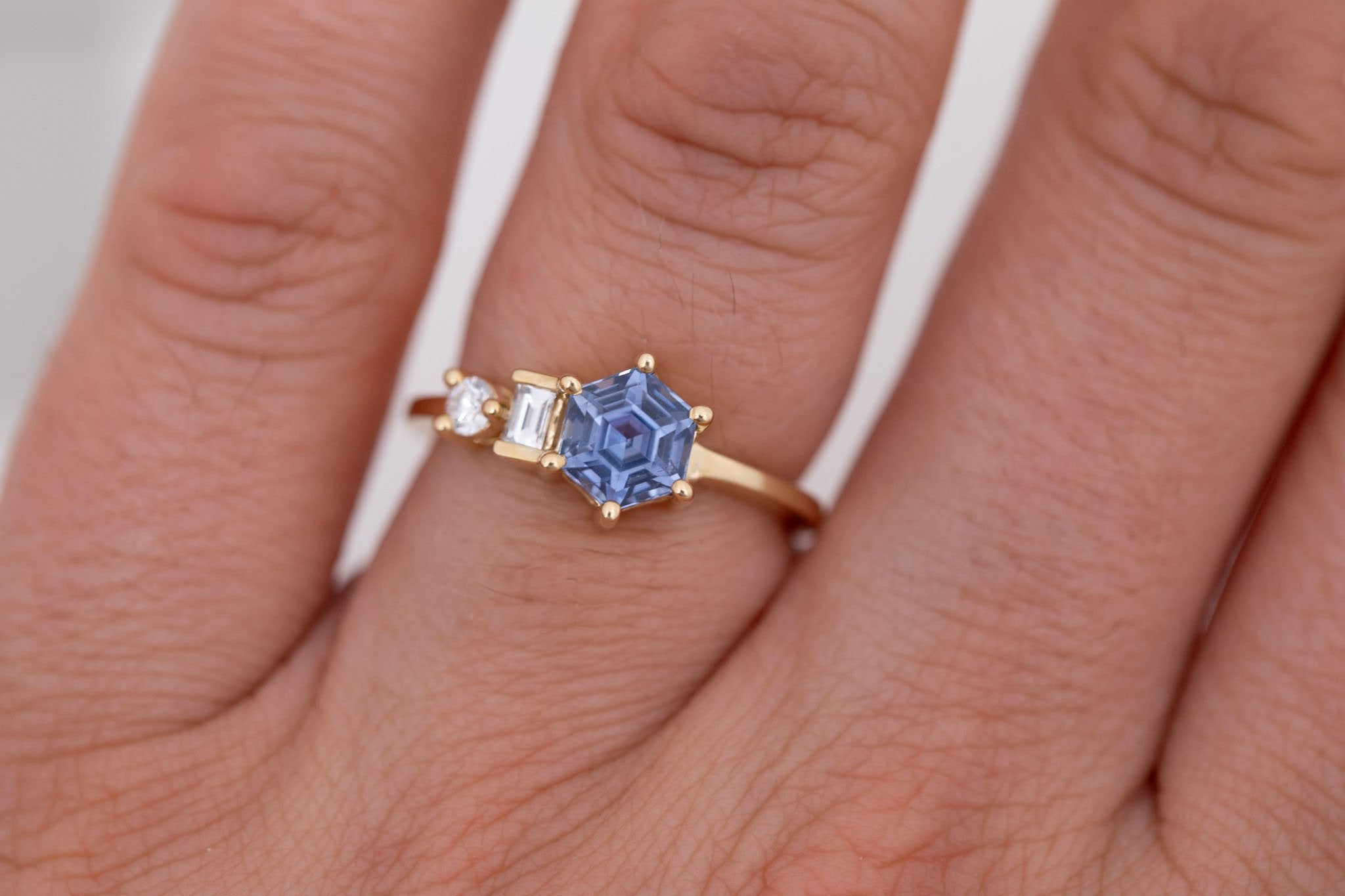 Sireli Ring | Blue Hexagon Sapphire + Diamond Cluster Engagement Ring 1.46 ct | 14k Recycled Gold | One of a Kind