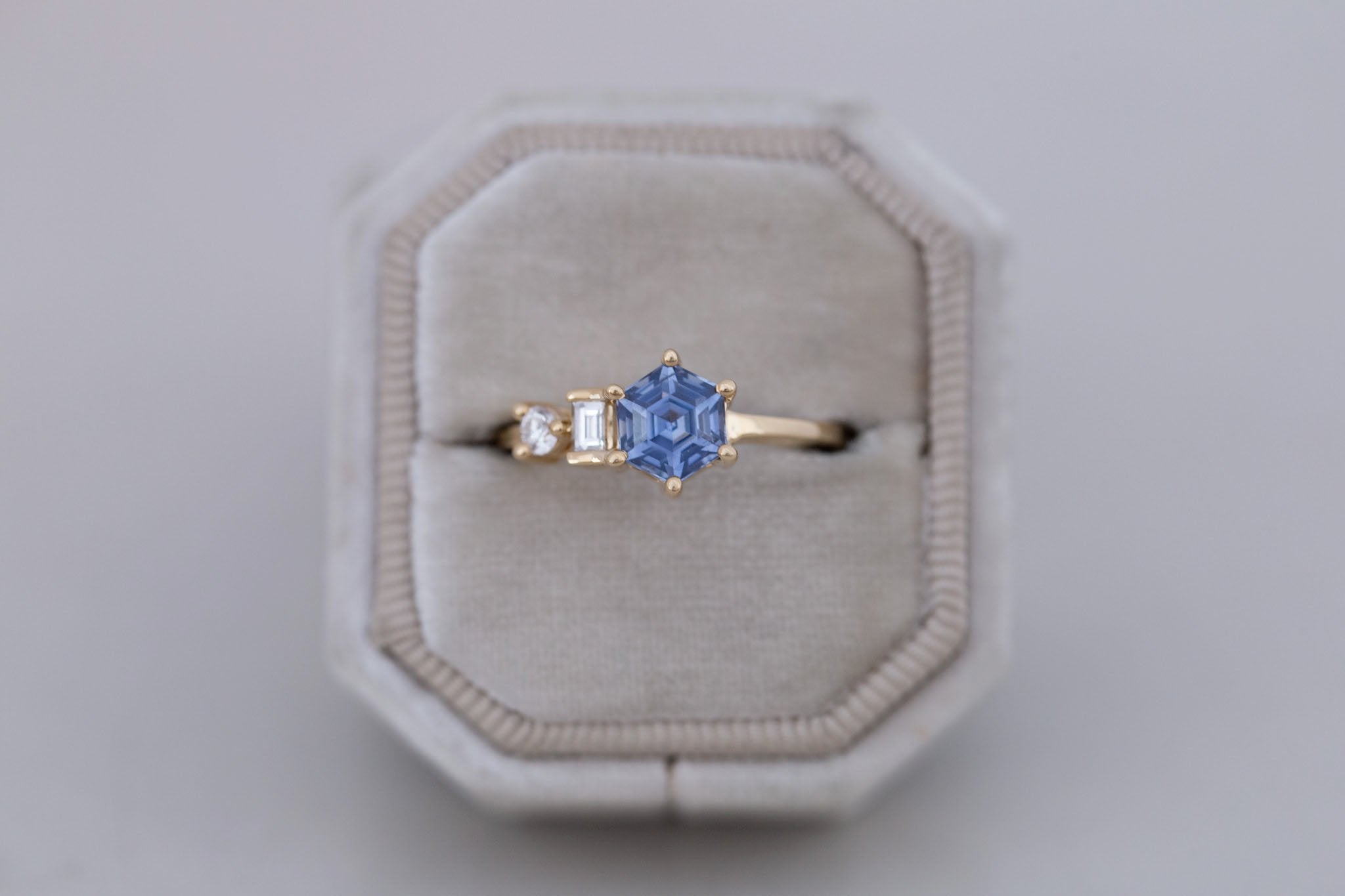 Sireli Ring | Blue Hexagon Sapphire + Diamond Cluster Engagement Ring 1.46 ct | 14k Recycled Gold | One of a Kind