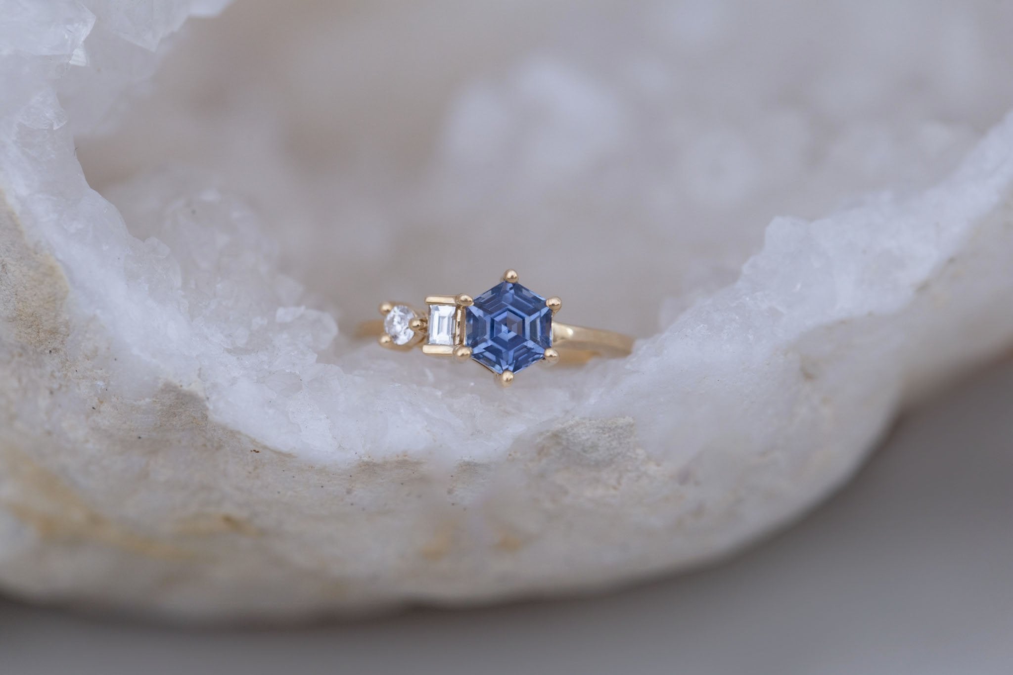 Sireli Ring | Blue Hexagon Sapphire + Diamond Cluster Engagement Ring 1.46 ct | 14k Recycled Gold | One of a Kind