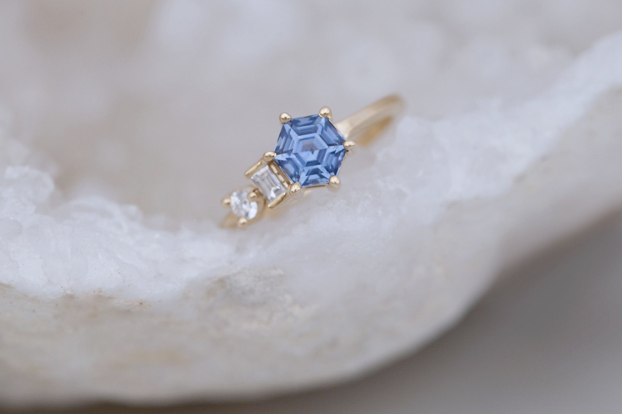 Sireli Ring | Blue Hexagon Sapphire + Diamond Cluster Engagement Ring 1.46 ct | 14k Recycled Gold | One of a Kind