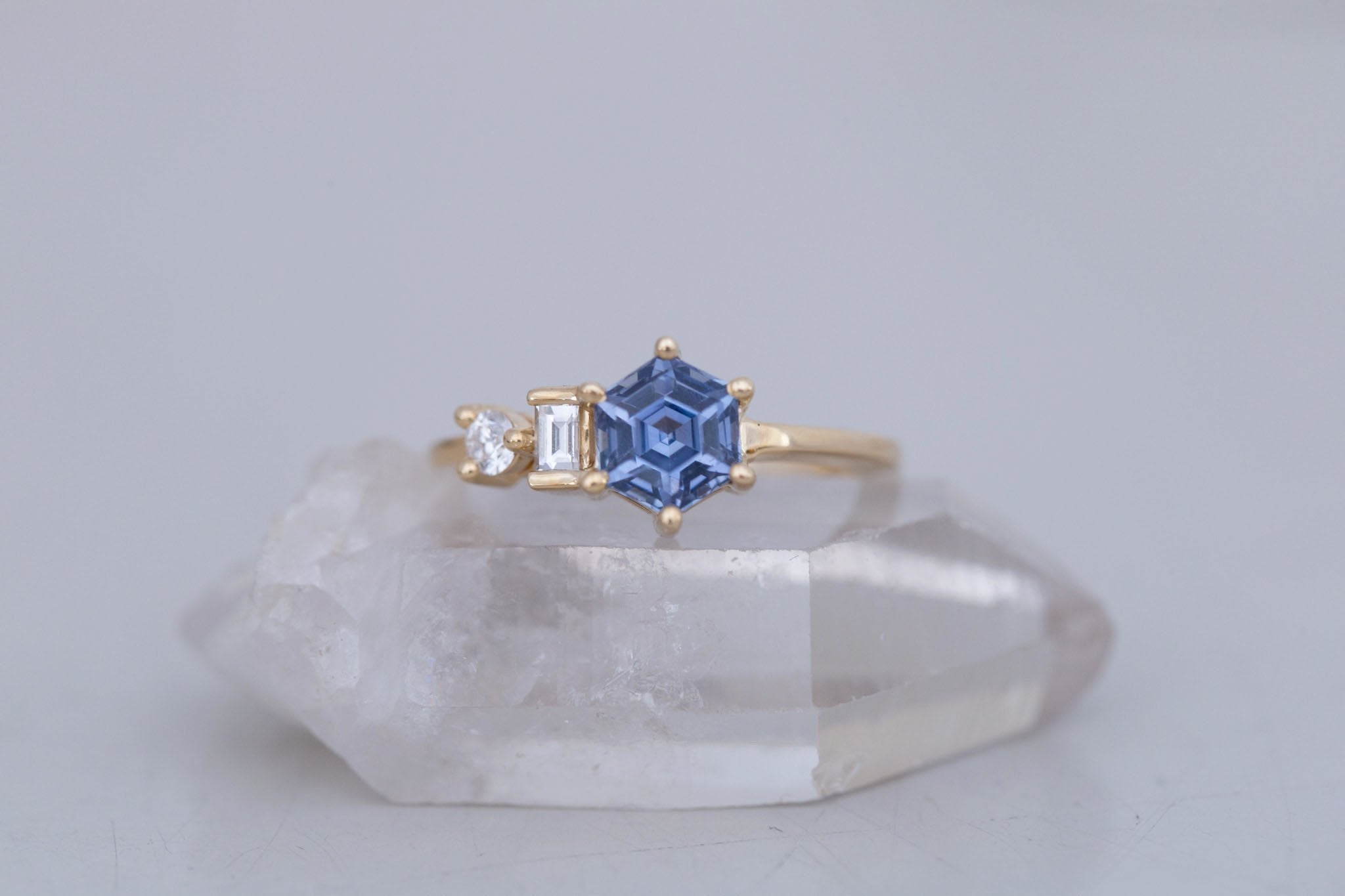 Sireli Ring | Blue Hexagon Sapphire + Diamond Cluster Engagement Ring 1.46 ct | 14k Recycled Gold | One of a Kind