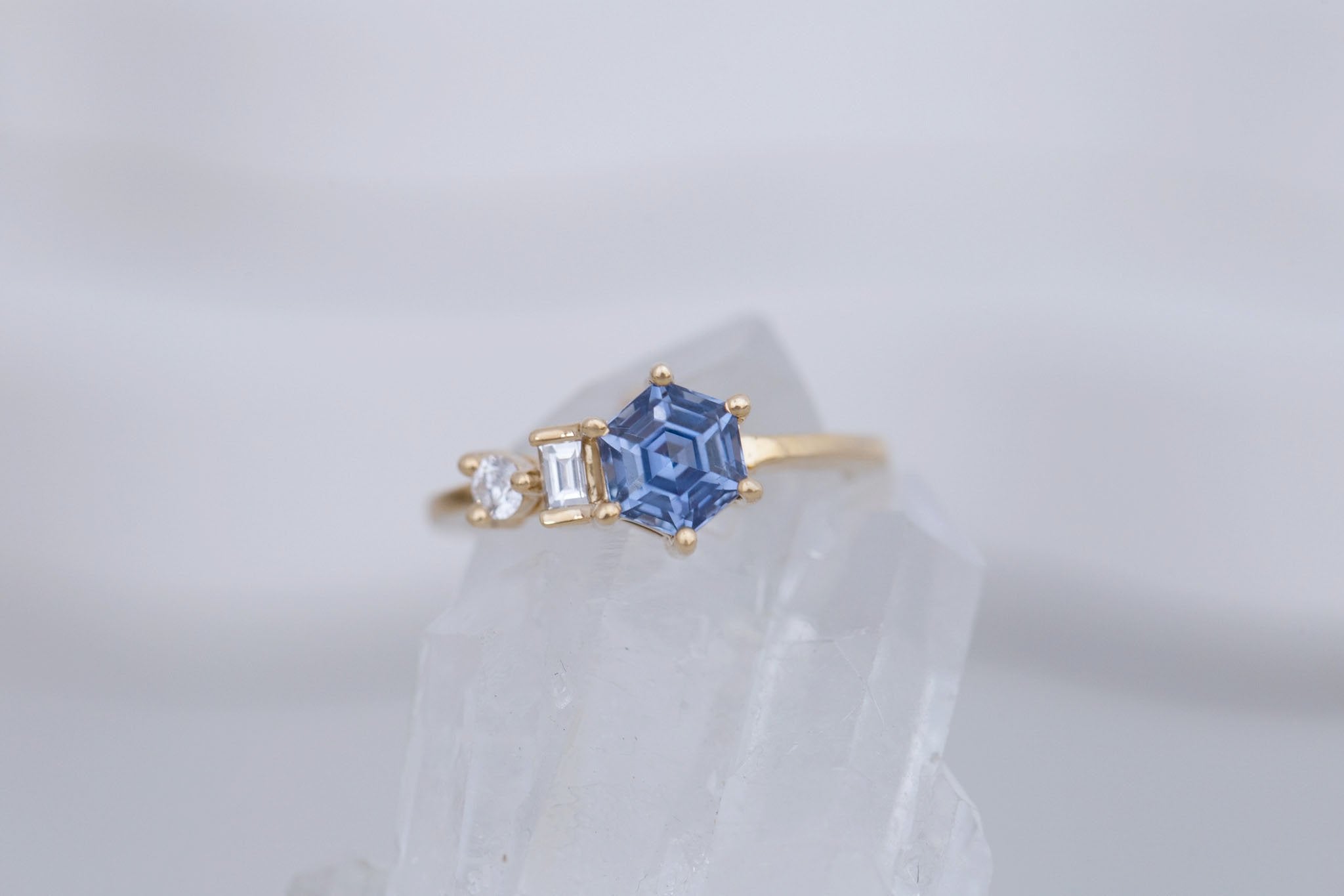 Sireli Ring | Blue Hexagon Sapphire + Diamond Cluster Engagement Ring 1.46 ct | 14k Recycled Gold | One of a Kind