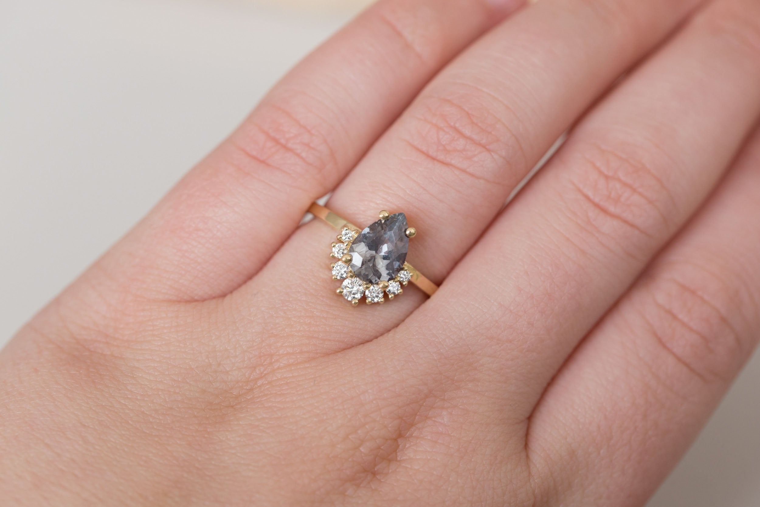 Laurel Ring | Lavender Grey Pear Cut Sapphire + Diamond Cluster Engagement Ring 1.46 ct | 14k Recycled Gold