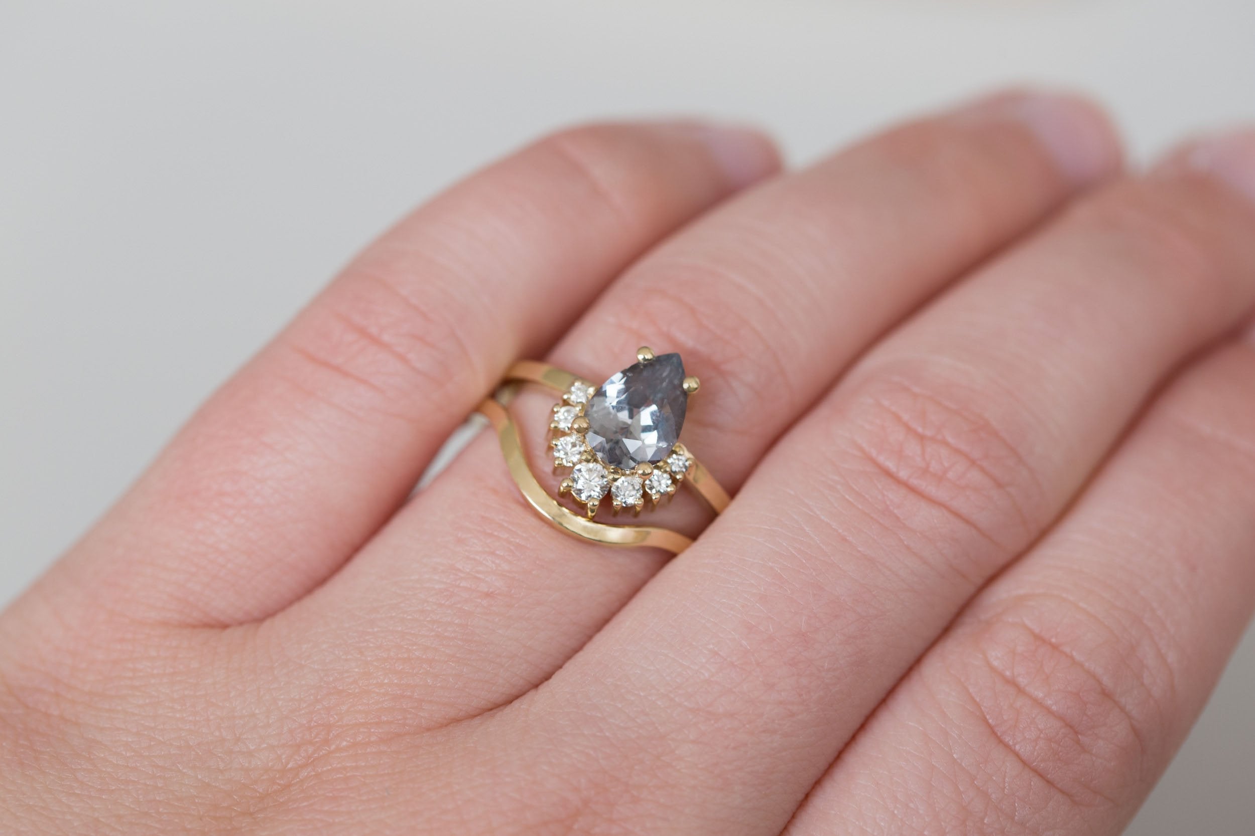 Laurel Ring | Lavender Grey Pear Cut Sapphire + Diamond Cluster Engagement Ring 1.46 ct | 14k Recycled Gold