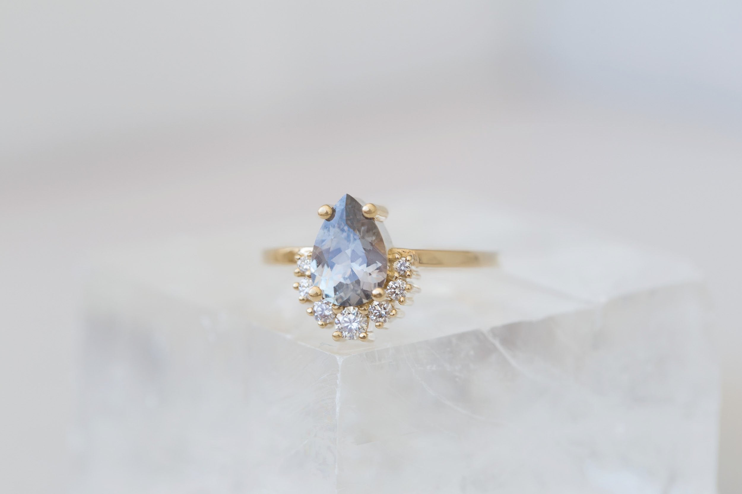 Laurel Ring | Lavender Grey Pear Cut Sapphire + Diamond Cluster Engagement Ring 1.46 ct | 14k Recycled Gold