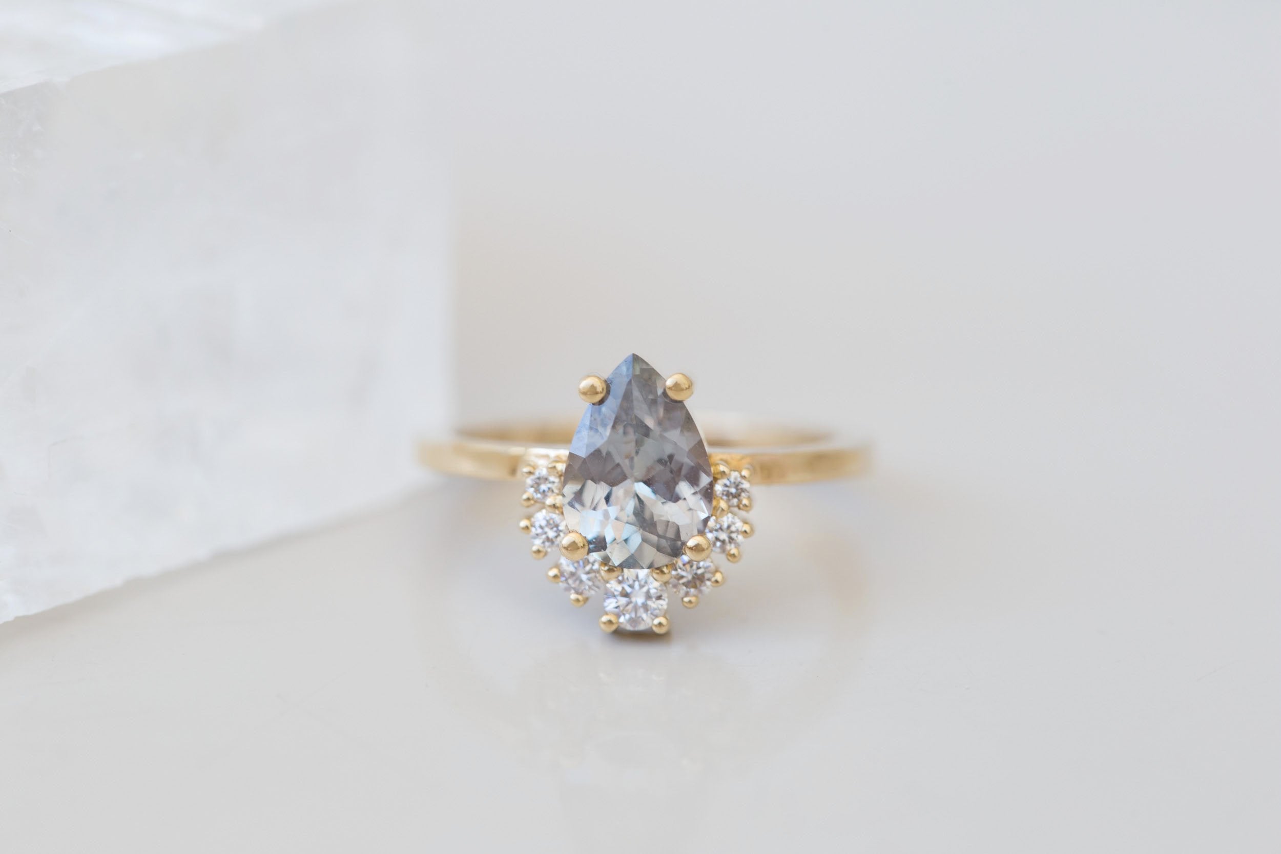 Laurel Ring | Lavender Grey Pear Cut Sapphire + Diamond Cluster Engagement Ring 1.46 ct | 14k Recycled Gold