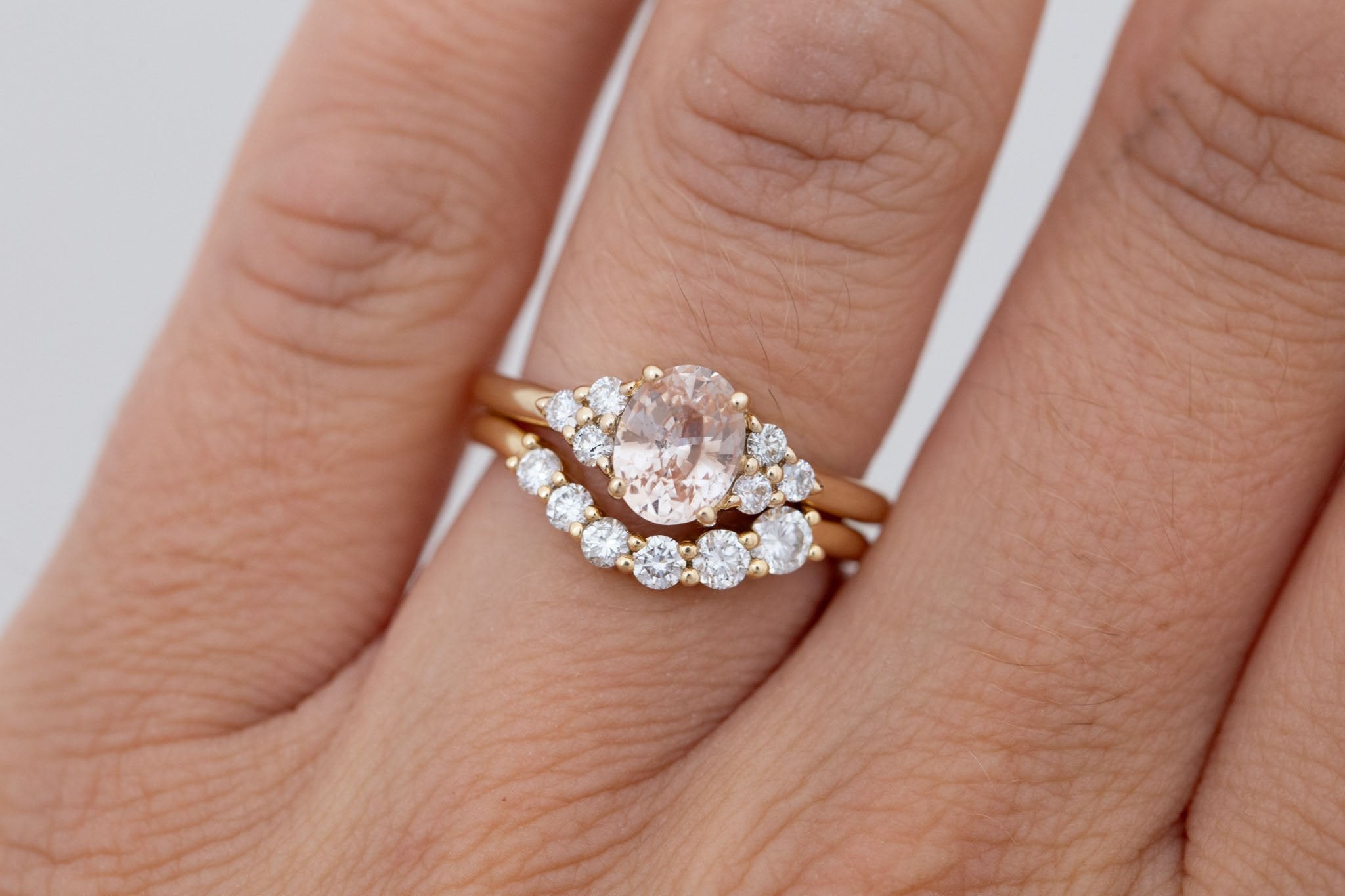 Verona Ring | Peach Oval Sapphire + Round Diamond Accents Engagement Ring 1.46 ct | 14k Recycled Gold | One of a Kind