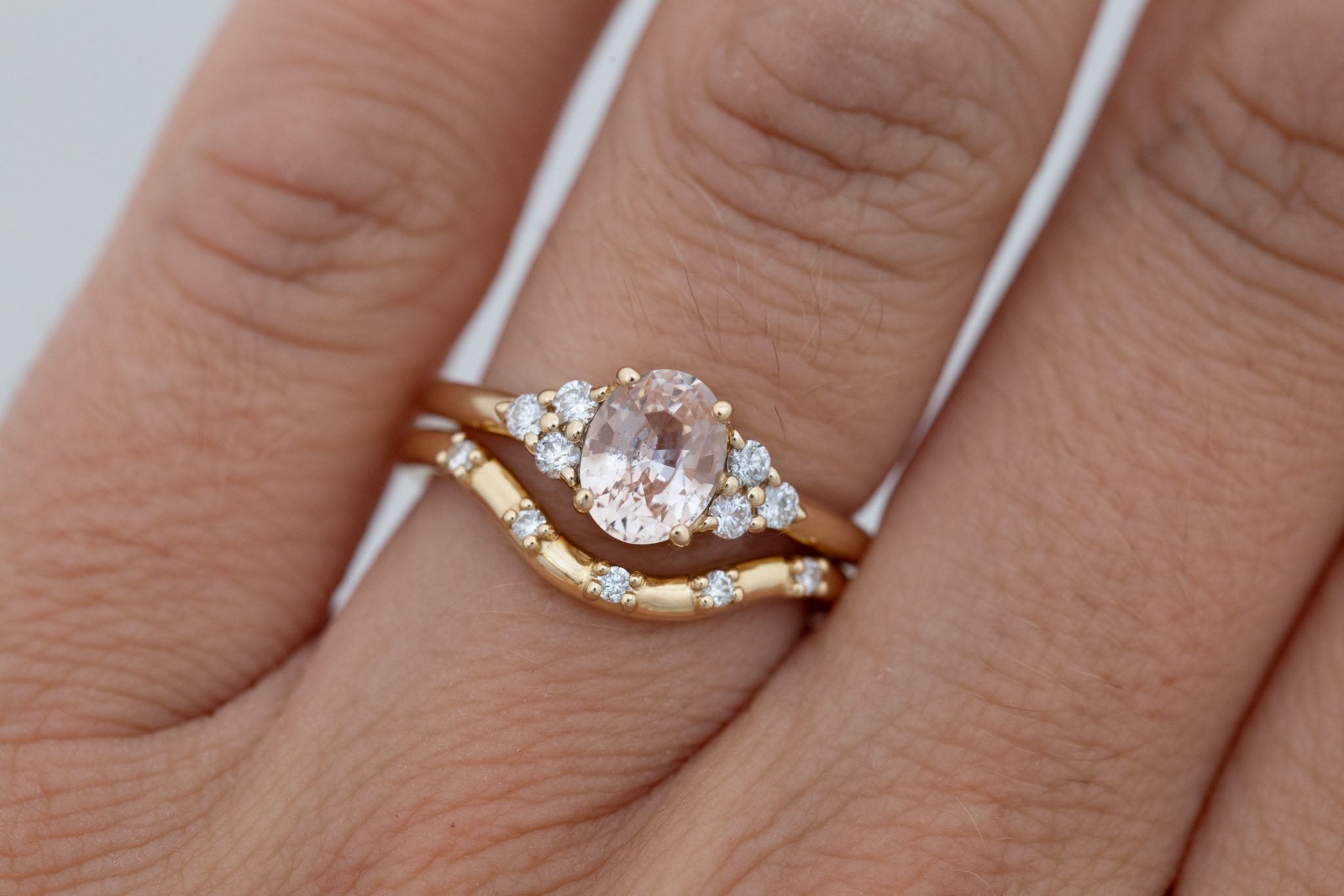 Verona Ring | Peach Oval Sapphire + Round Diamond Accents Engagement Ring 1.46 ct | 14k Recycled Gold | One of a Kind