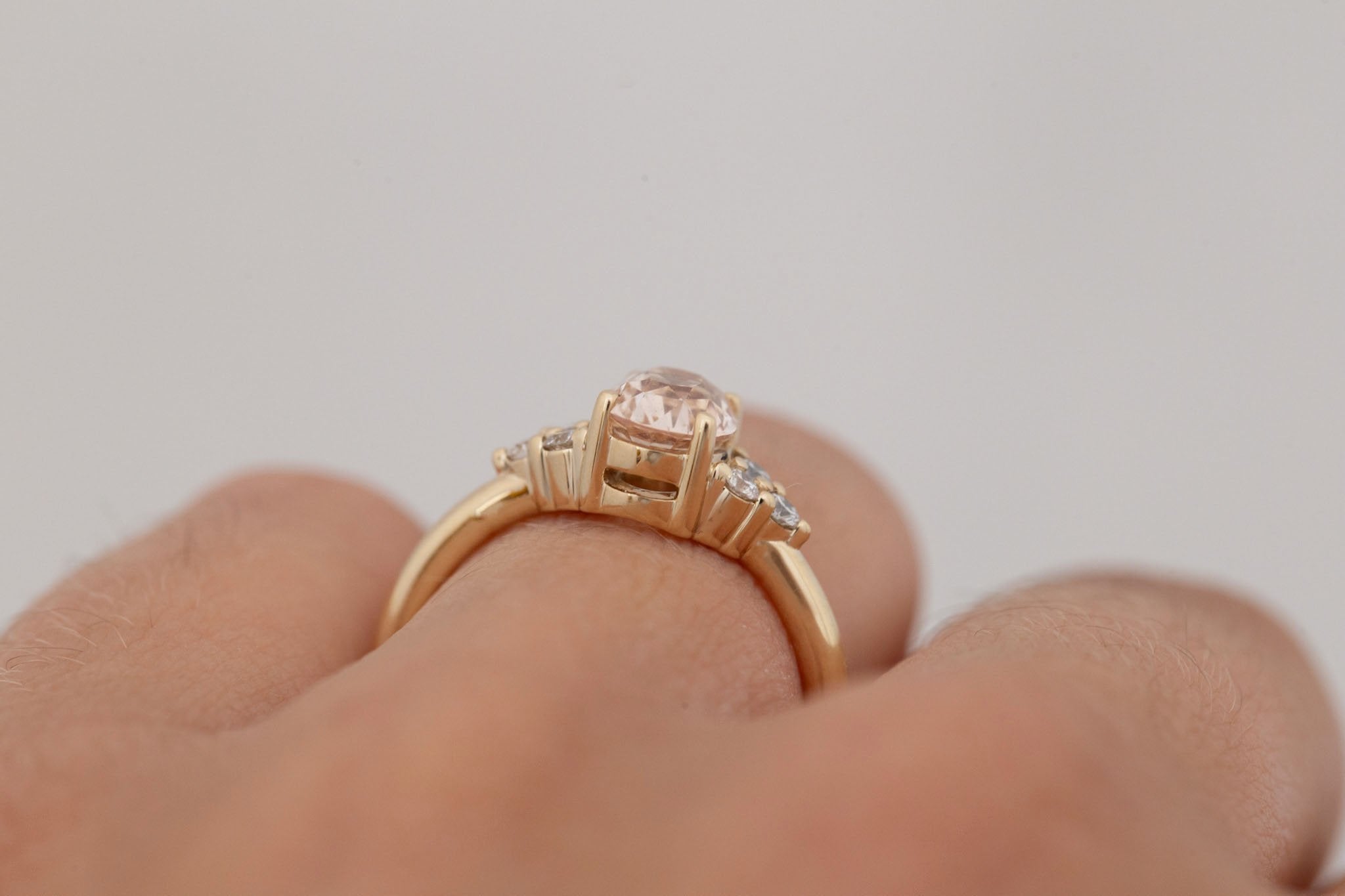 Verona Ring | Peach Oval Sapphire + Round Diamond Accents Engagement Ring 1.46 ct | 14k Recycled Gold | One of a Kind