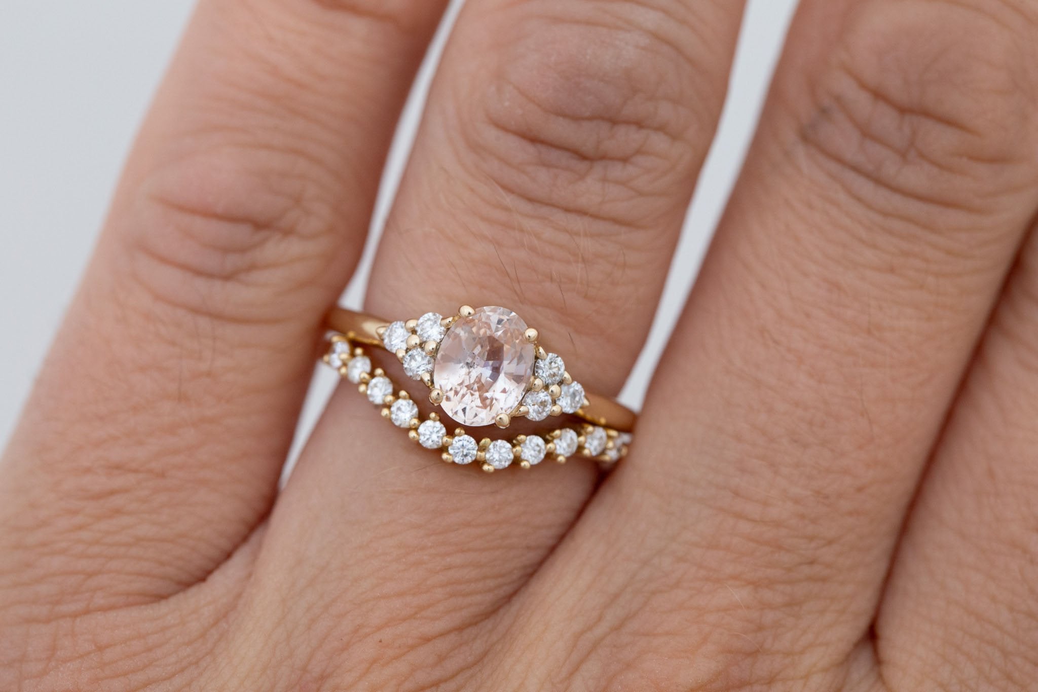 Verona Ring | Peach Oval Sapphire + Round Diamond Accents Engagement Ring 1.46 ct | 14k Recycled Gold | One of a Kind