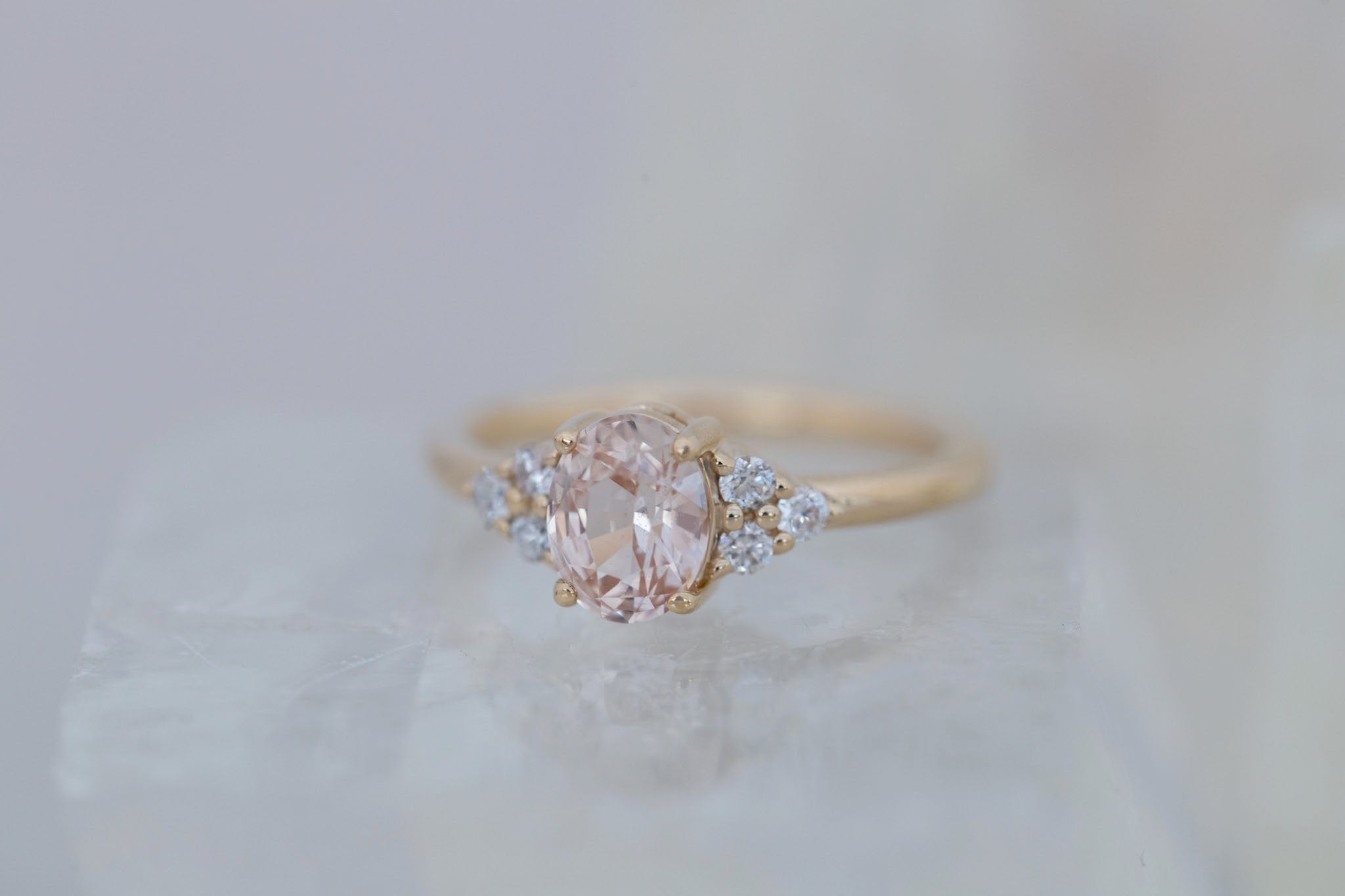 Verona Ring | Peach Oval Sapphire + Round Diamond Accents Engagement Ring 1.46 ct | 14k Recycled Gold | One of a Kind