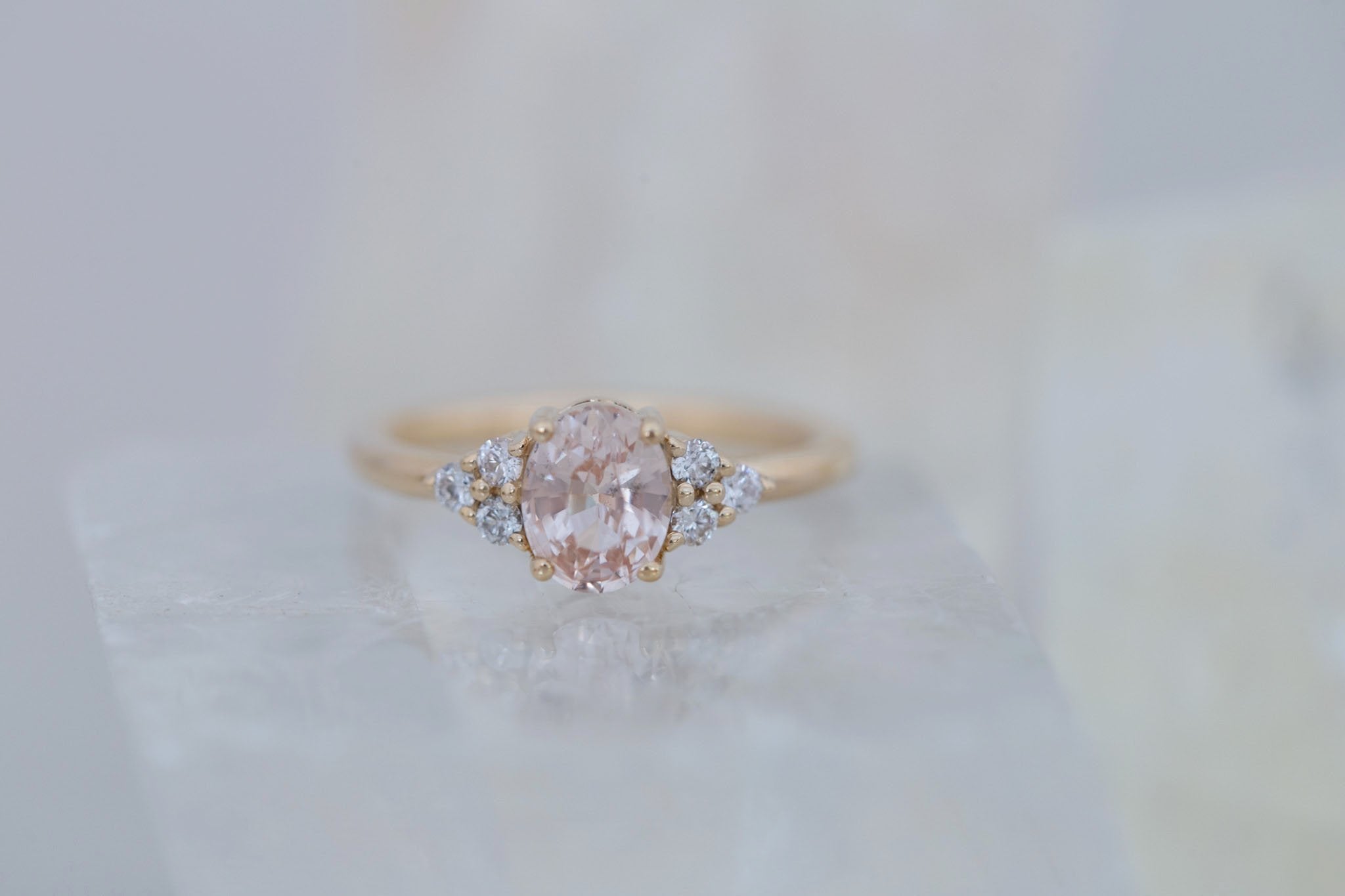Verona Ring | Peach Oval Sapphire + Round Diamond Accents Engagement Ring 1.46 ct | 14k Recycled Gold | One of a Kind