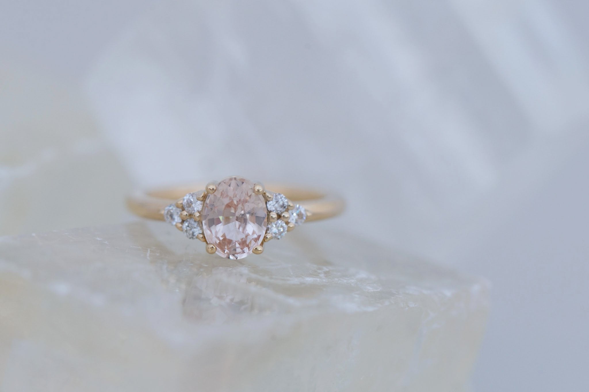Verona Ring | Peach Oval Sapphire + Round Diamond Accents Engagement Ring 1.46 ct | 14k Recycled Gold | One of a Kind