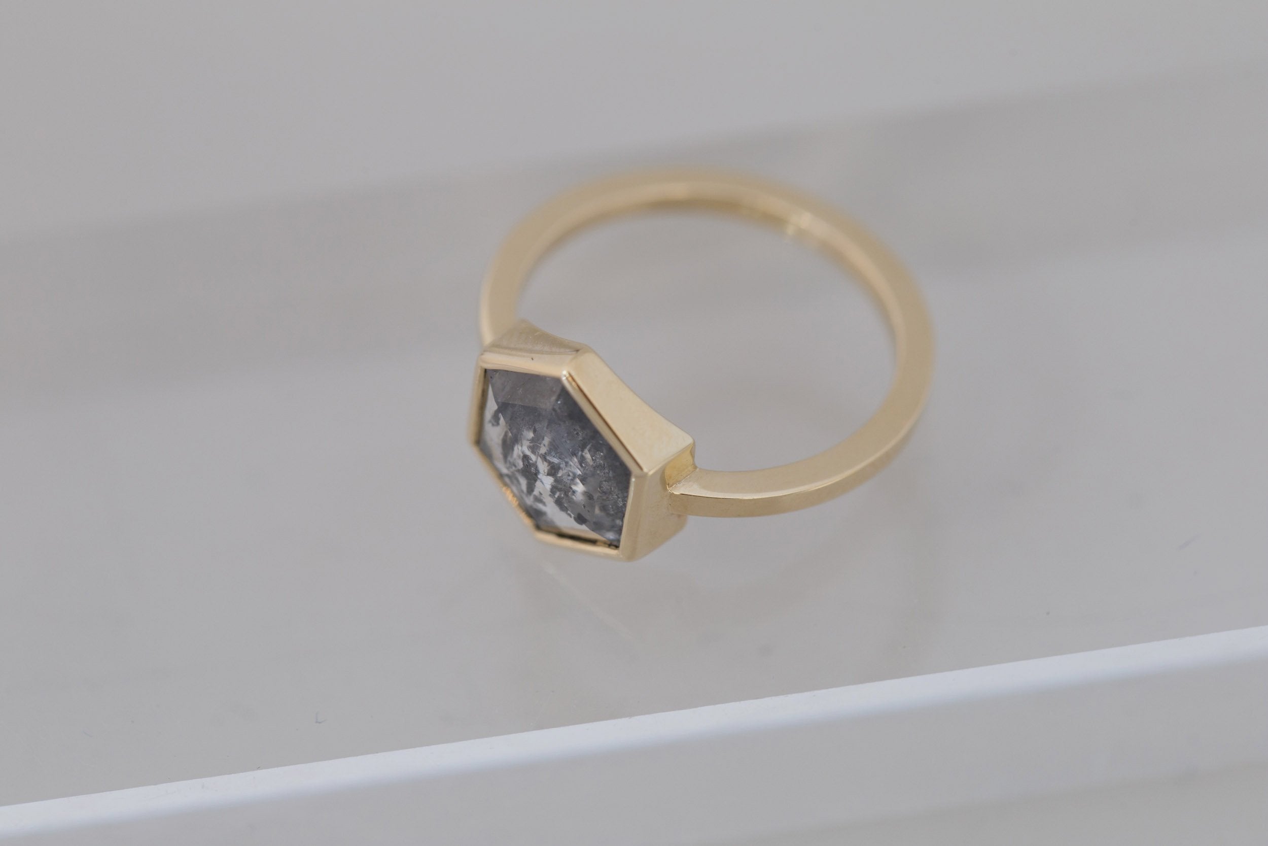 Avens Ring | Salt and Pepper Diamond Hexagon Engagement Ring 1.47 ct | 14k Recycled Gold | One of a Kind