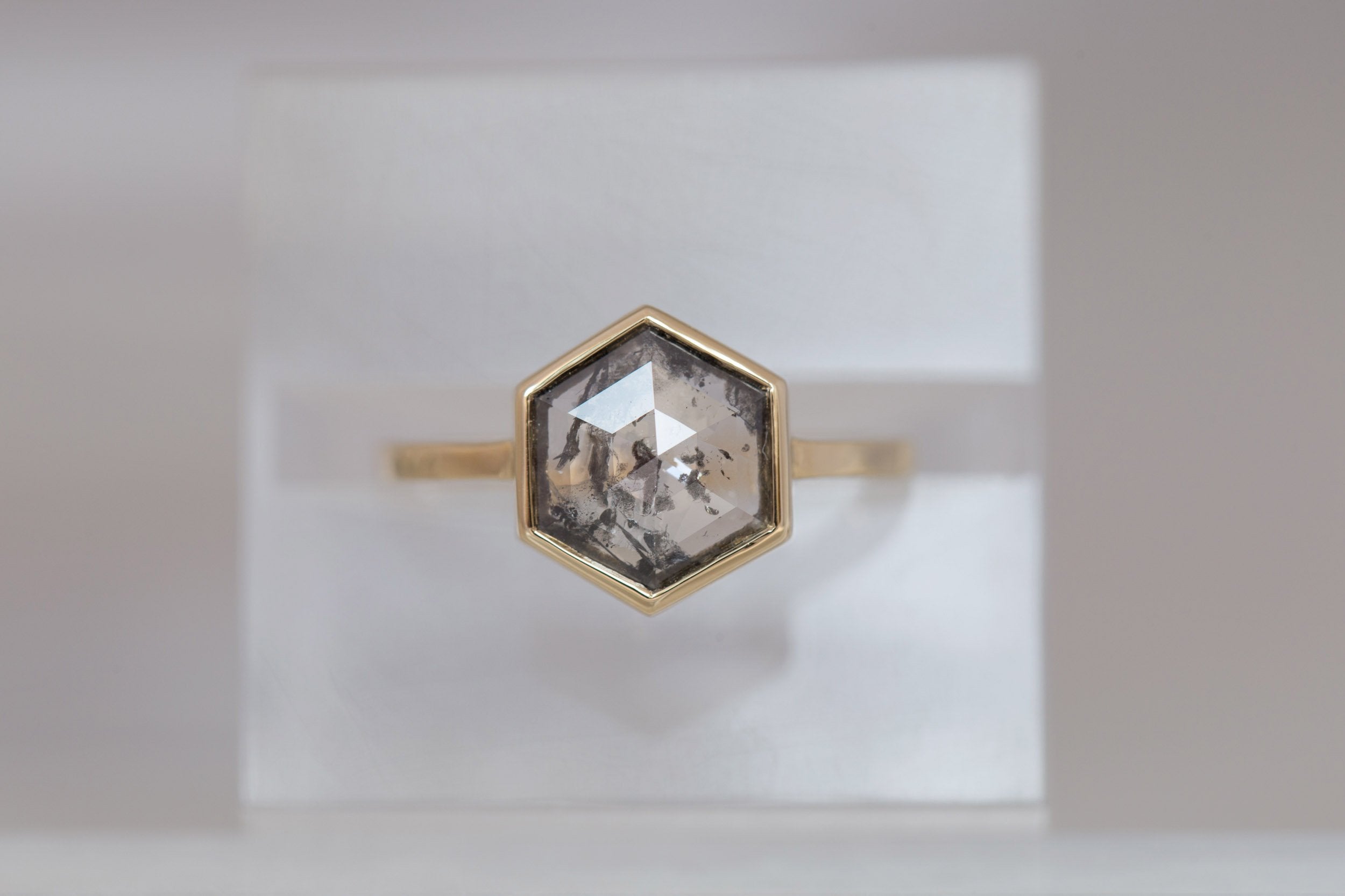 Avens Ring | Salt and Pepper Diamond Hexagon Engagement Ring 1.47 ct | 14k Recycled Gold | One of a Kind