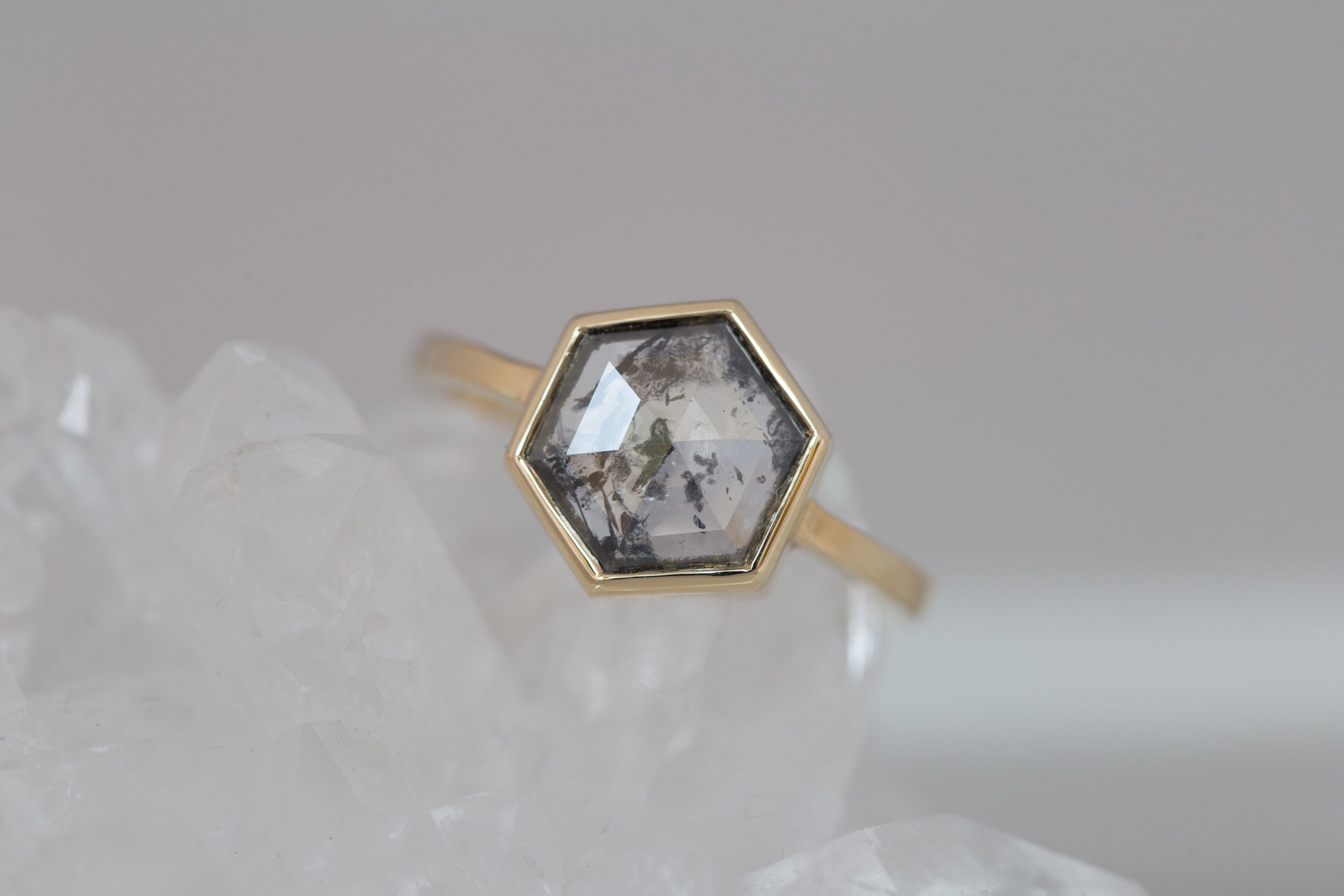 Avens Ring | Salt and Pepper Diamond Hexagon Engagement Ring 1.47 ct | 14k Recycled Gold | One of a Kind