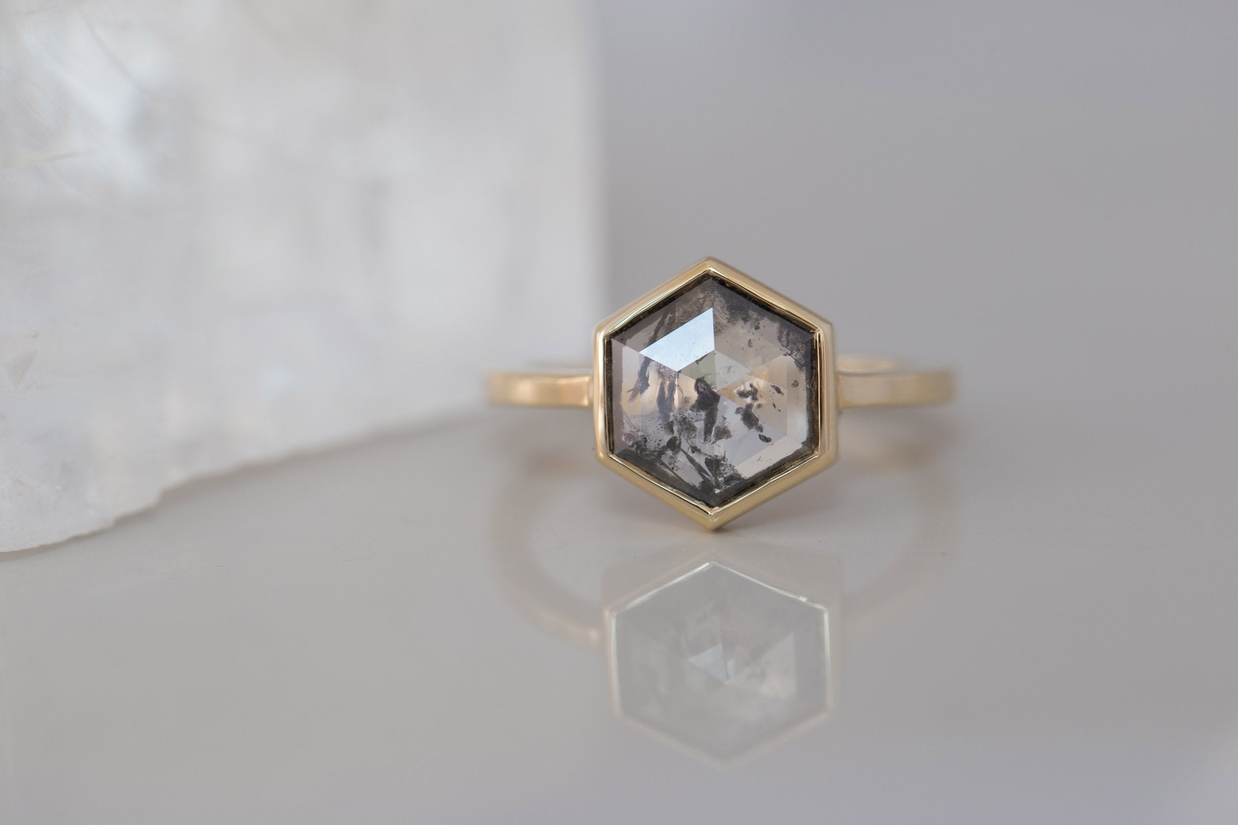 Avens Ring | Salt and Pepper Diamond Hexagon Engagement Ring 1.47 ct | 14k Recycled Gold | One of a Kind