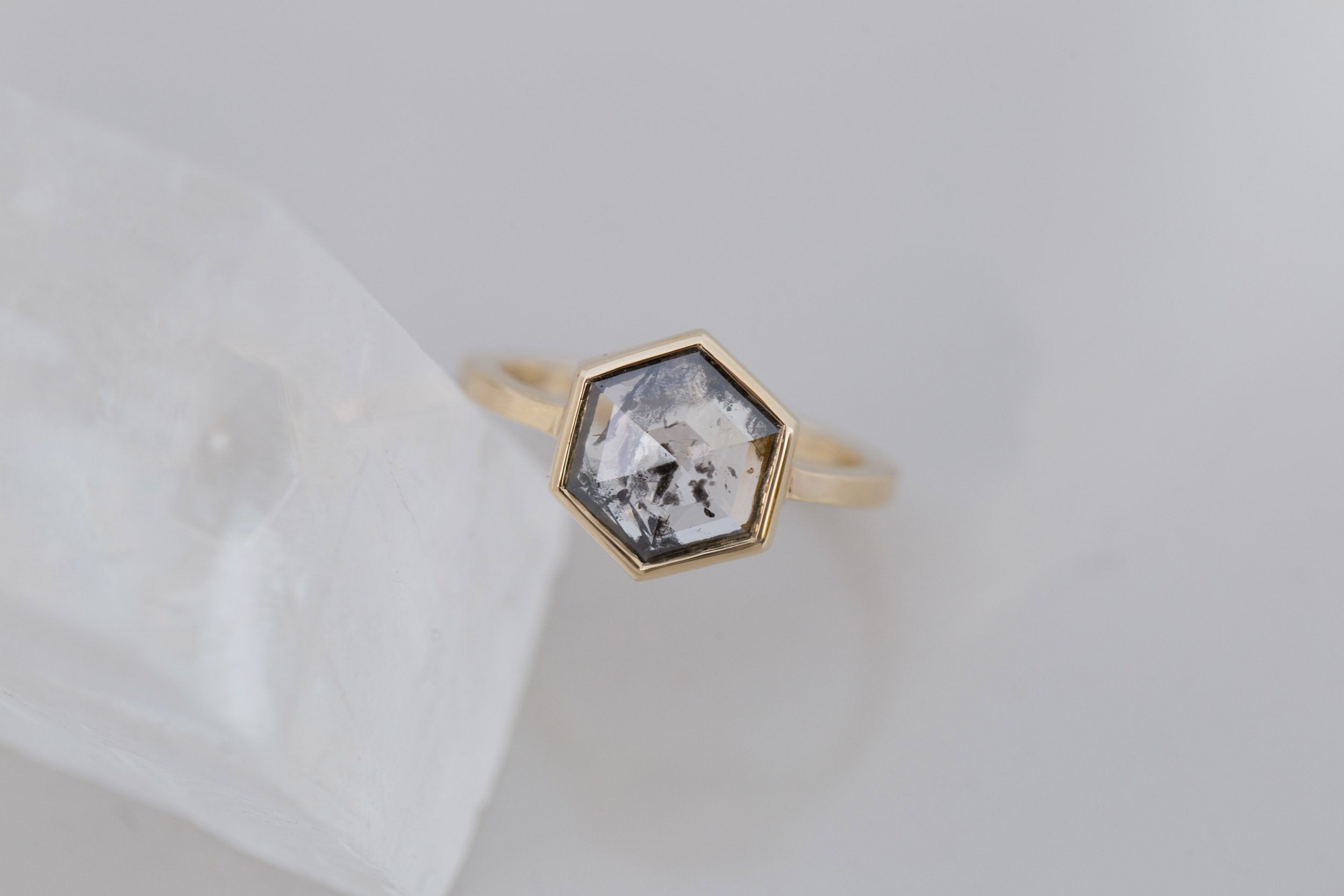 Avens Ring | Salt and Pepper Diamond Hexagon Engagement Ring 1.47 ct | 14k Recycled Gold | One of a Kind