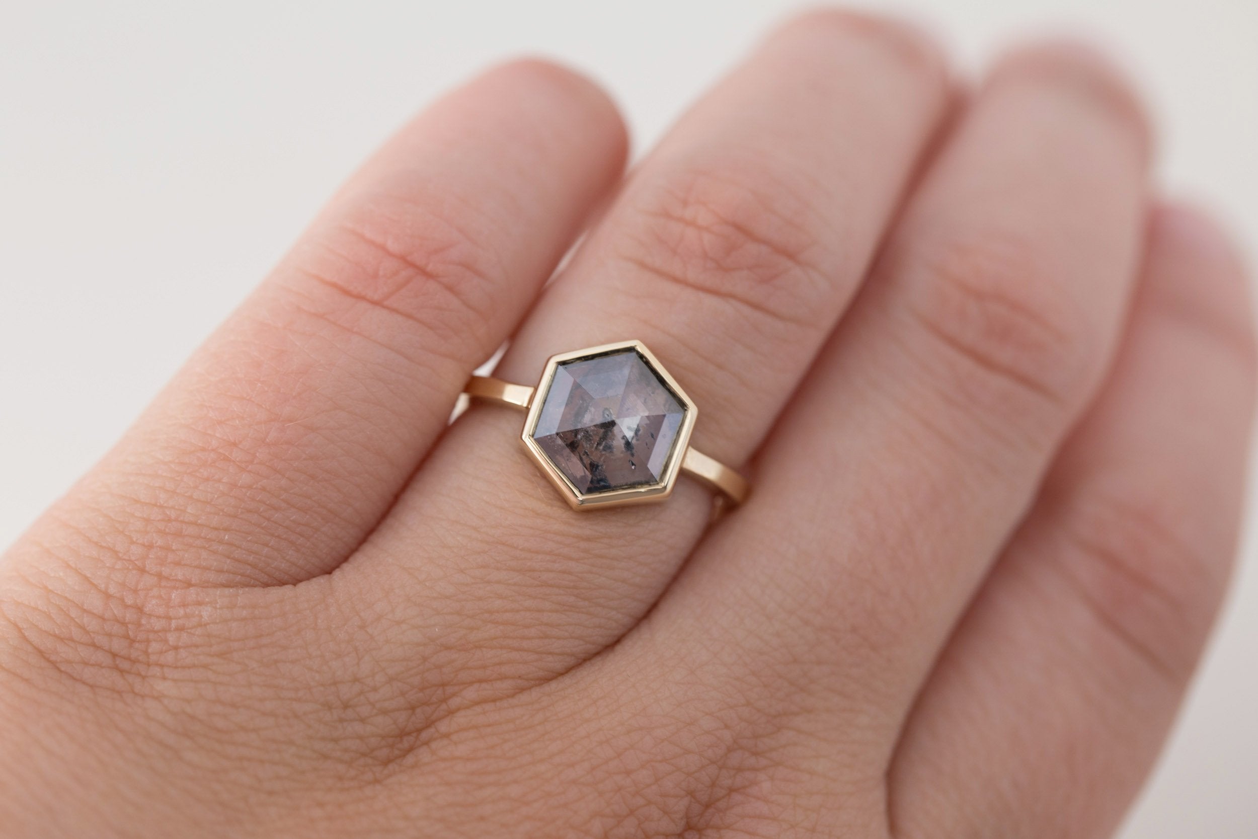 Avens Ring | Salt and Pepper Diamond Hexagon Engagement Ring 1.47 ct | 14k Recycled Gold | One of a Kind
