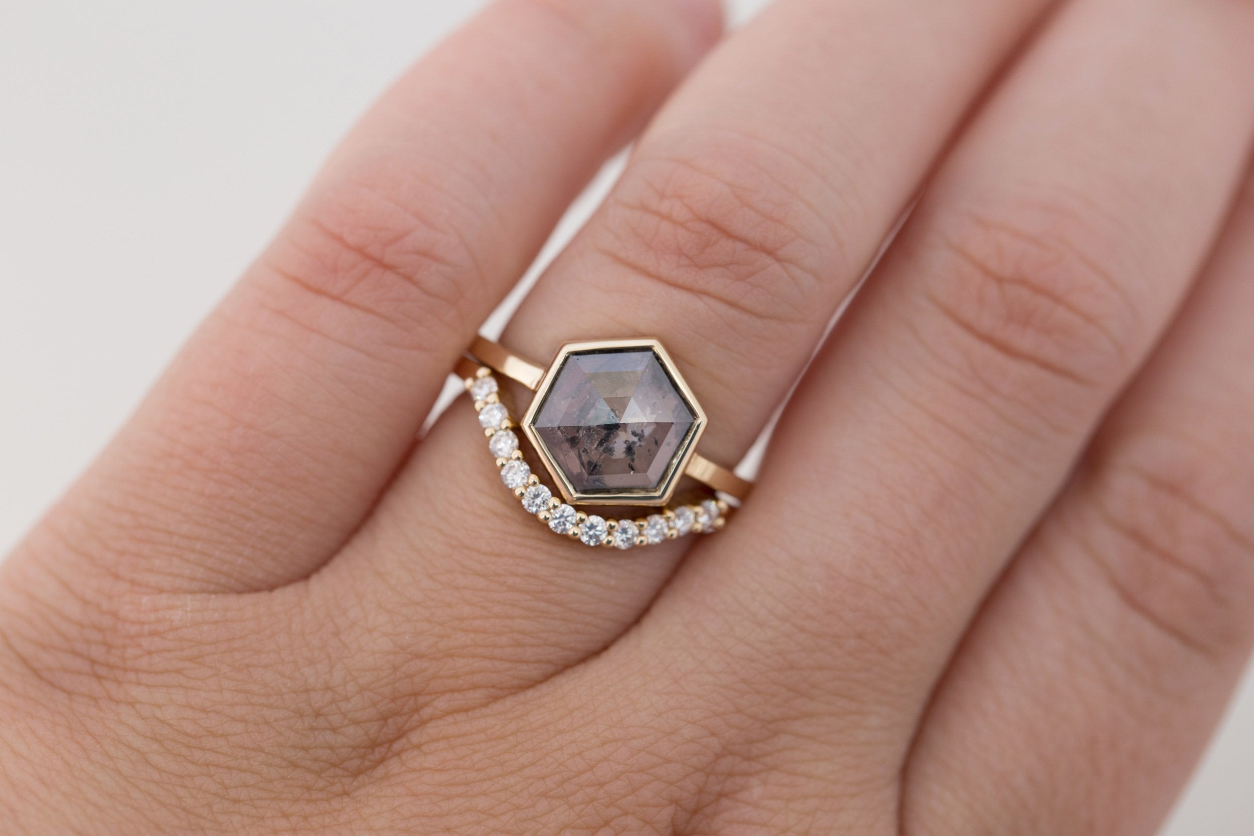 Avens Ring | Salt and Pepper Diamond Hexagon Engagement Ring 1.47 ct | 14k Recycled Gold | One of a Kind
