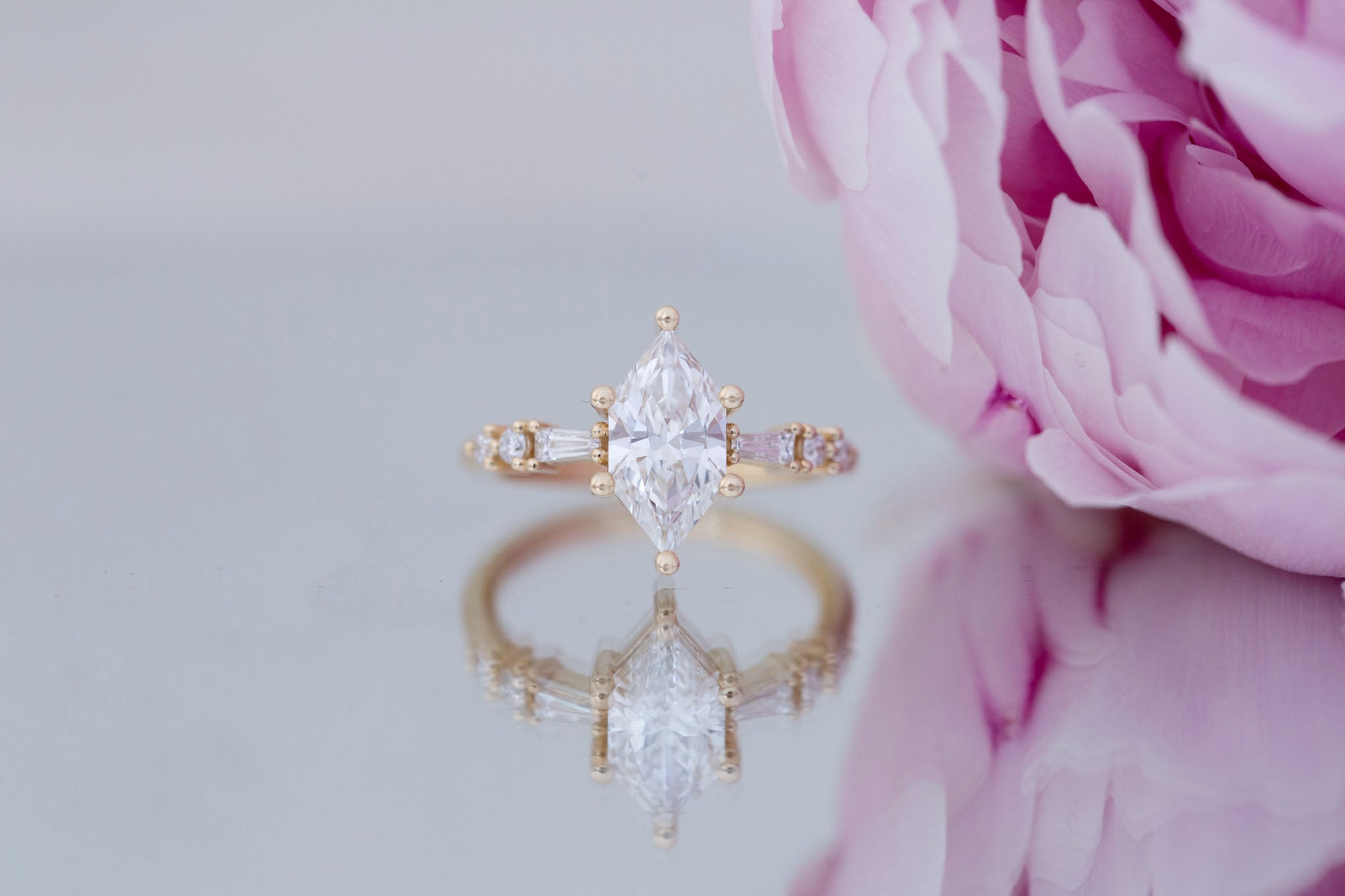 Liesel Ring | Lab Duchess Cut Diamond + Lab Diamond Baguette Accent Engagement Ring 1.48 ct | 14k Recycled Gold | One of a Kind