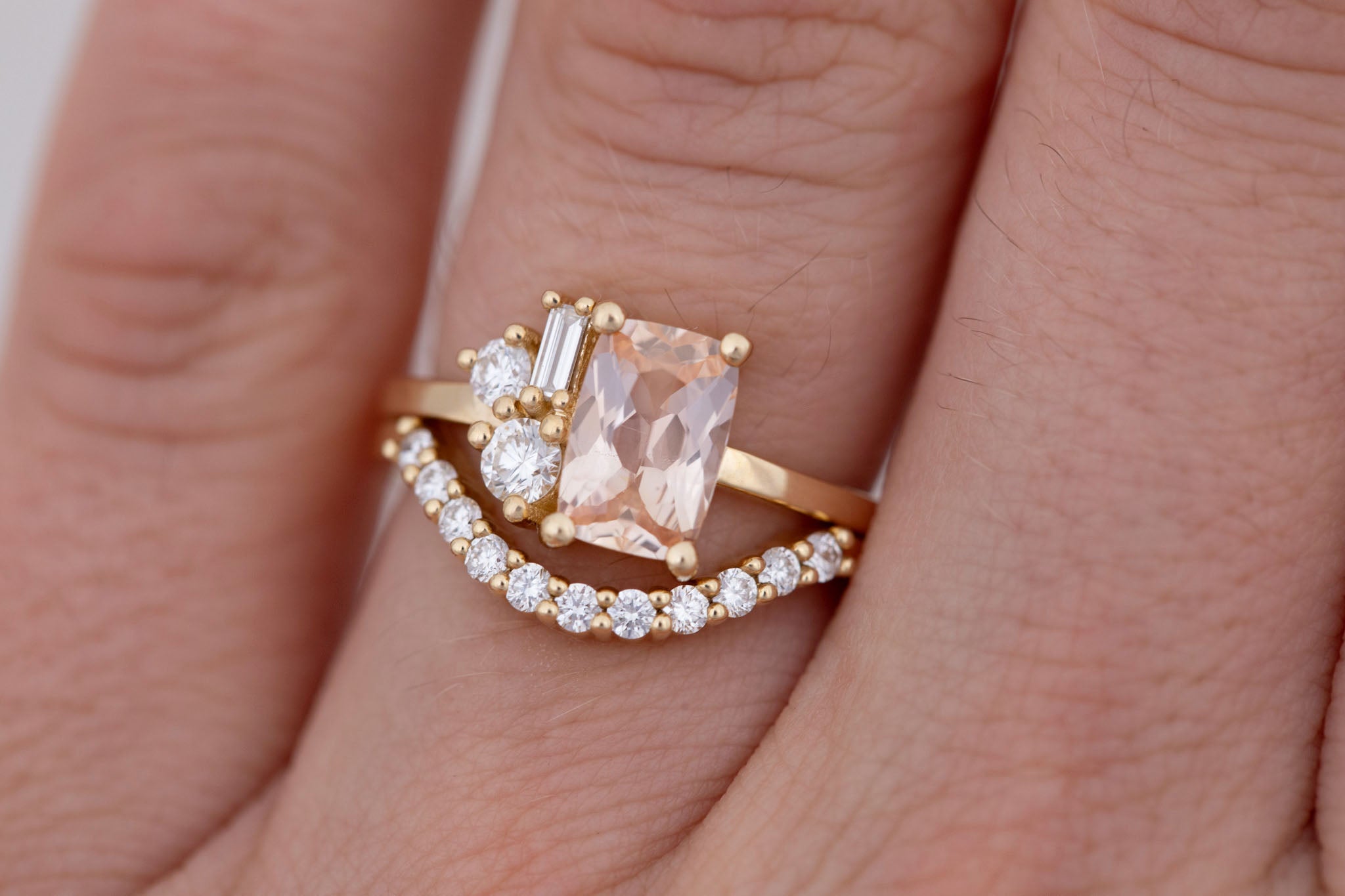Emory Ring | Peach Sapphire + Baguette and Round Diamond Cluster Engagement Ring 1.48 ct | 14k Recycled Gold | One of a Kind