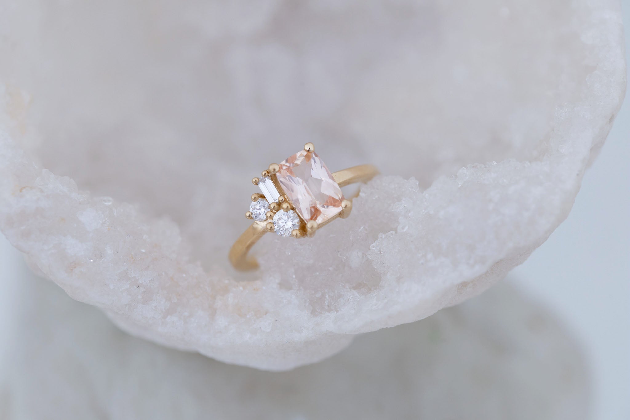 Emory Ring | Peach Sapphire + Baguette and Round Diamond Cluster Engagement Ring 1.48 ct | 14k Recycled Gold | One of a Kind