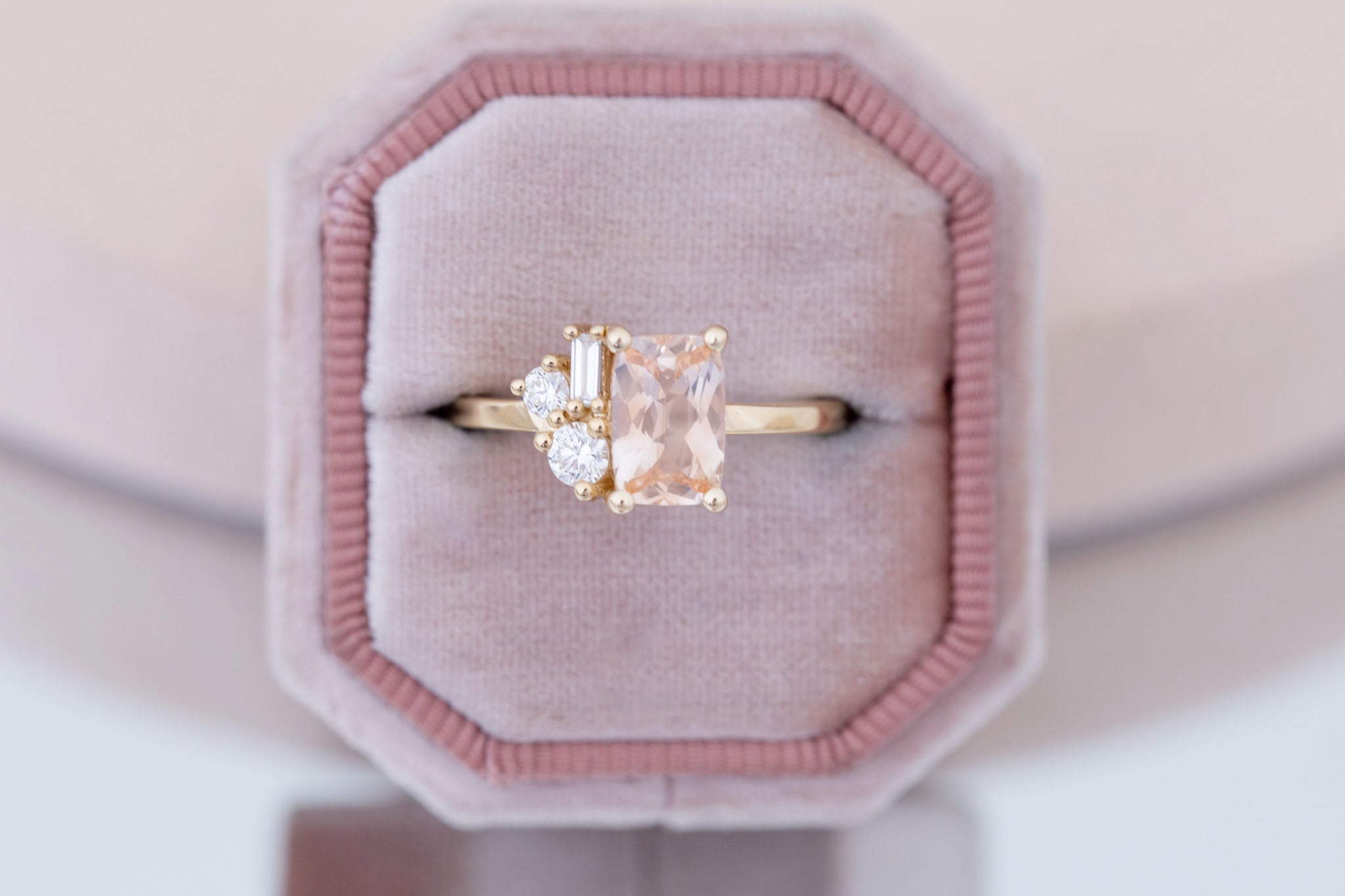 Emory Ring | Peach Sapphire + Baguette and Round Diamond Cluster Engagement Ring 1.48 ct | 14k Recycled Gold | One of a Kind