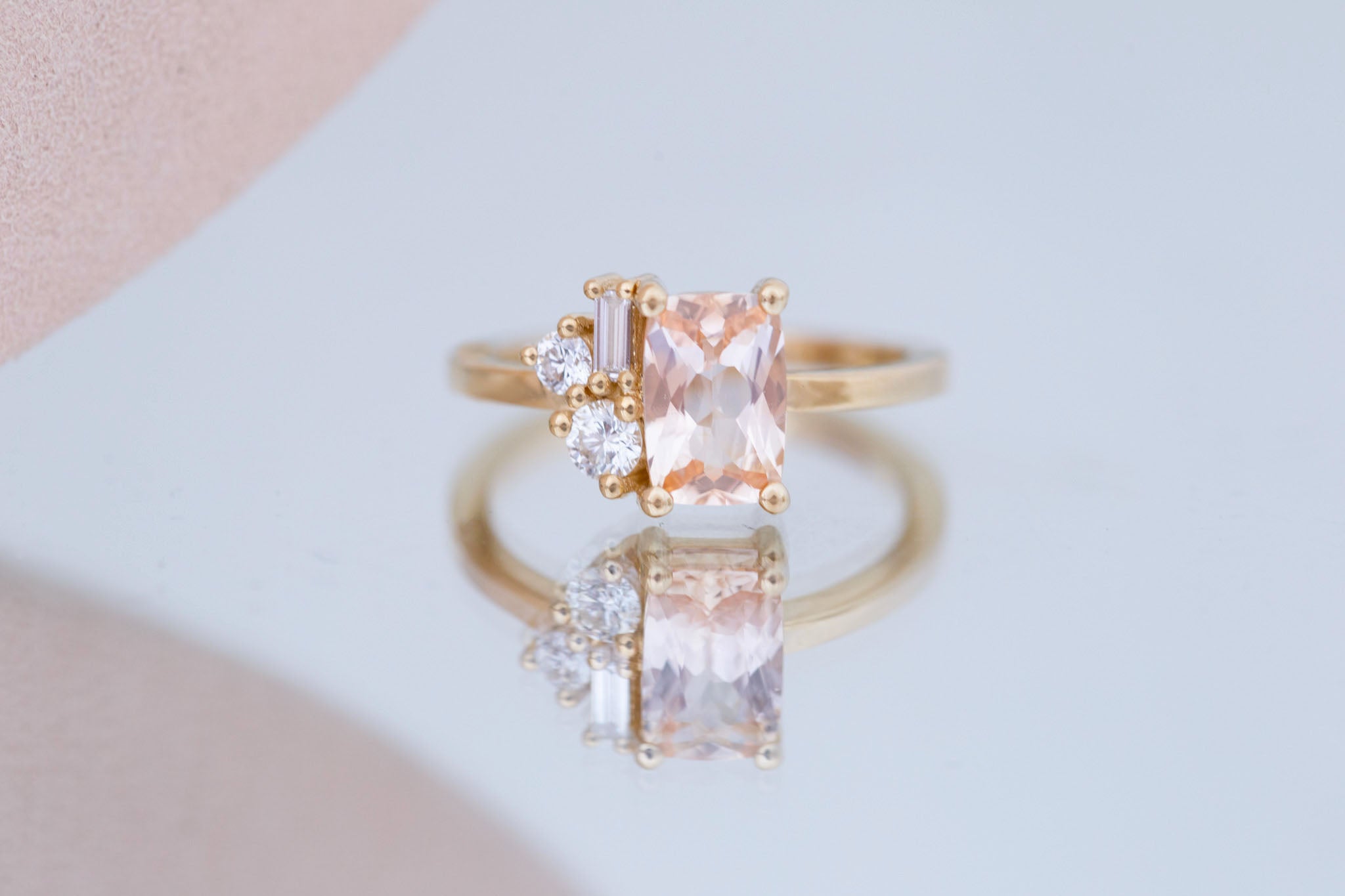Emory Ring | Peach Sapphire + Baguette and Round Diamond Cluster Engagement Ring 1.48 ct | 14k Recycled Gold | One of a Kind