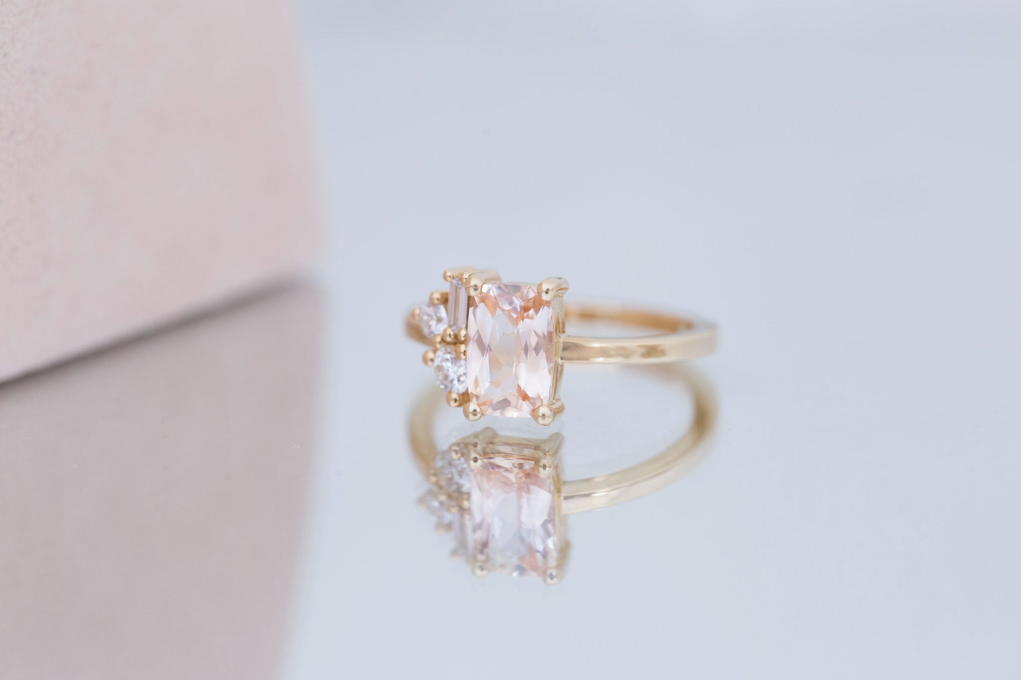 Emory Ring | Peach Sapphire + Baguette and Round Diamond Cluster Engagement Ring 1.48 ct | 14k Recycled Gold | One of a Kind