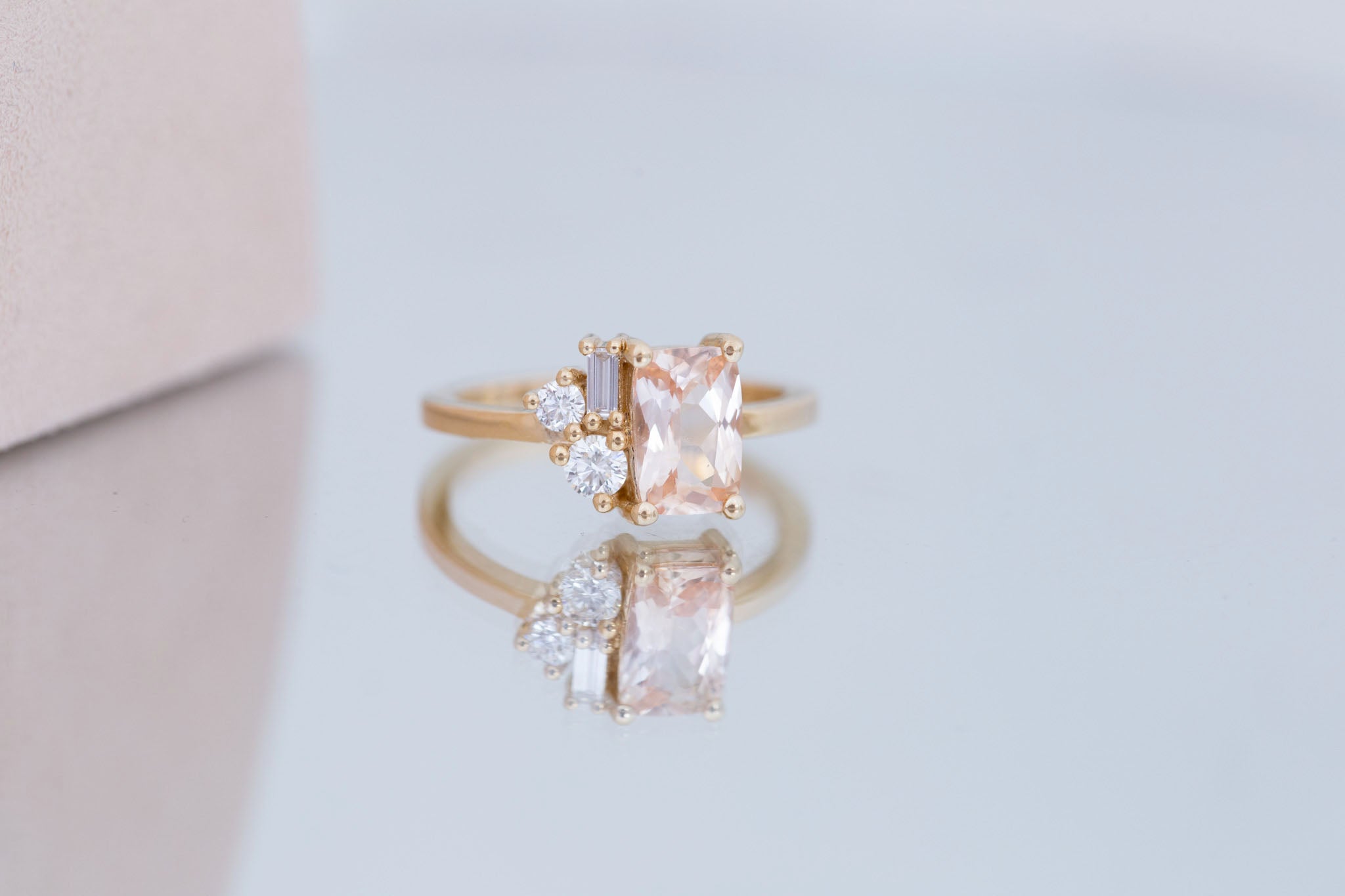 Emory Ring | Peach Sapphire + Baguette and Round Diamond Cluster Engagement Ring 1.48 ct | 14k Recycled Gold | One of a Kind