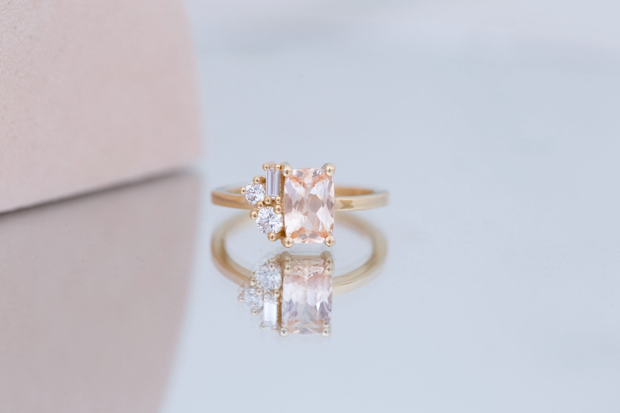 Emory Ring | Peach Sapphire + Baguette and Round Diamond Cluster Engagement Ring 1.48 ct | 14k Recycled Gold | One of a Kind