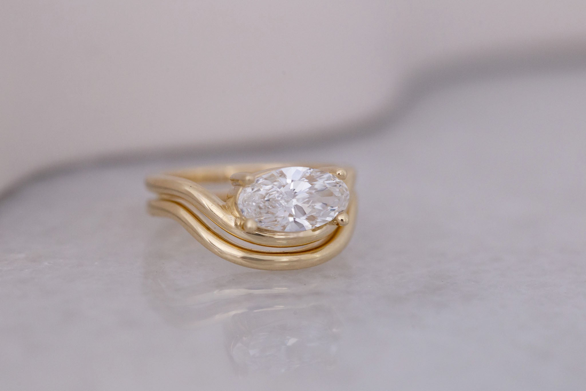 Hayes Ring | Lab Moval Solitaire + Double Curved Band Engagement Ring 1.50 ct | 14k Recycled Gold | One of a Kind