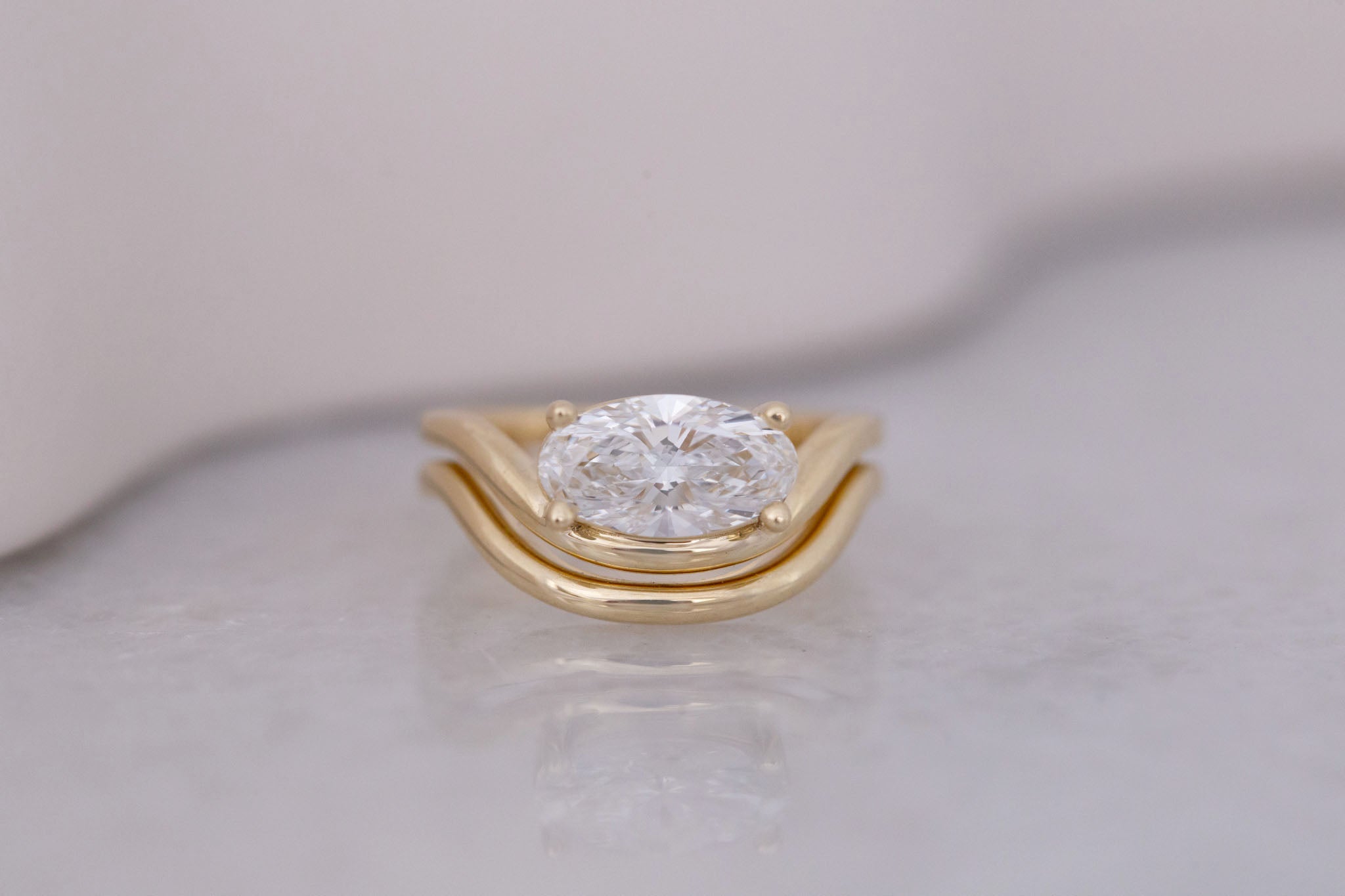 Hayes Ring | Lab Moval Solitaire + Double Curved Band Engagement Ring 1.50 ct | 14k Recycled Gold | One of a Kind