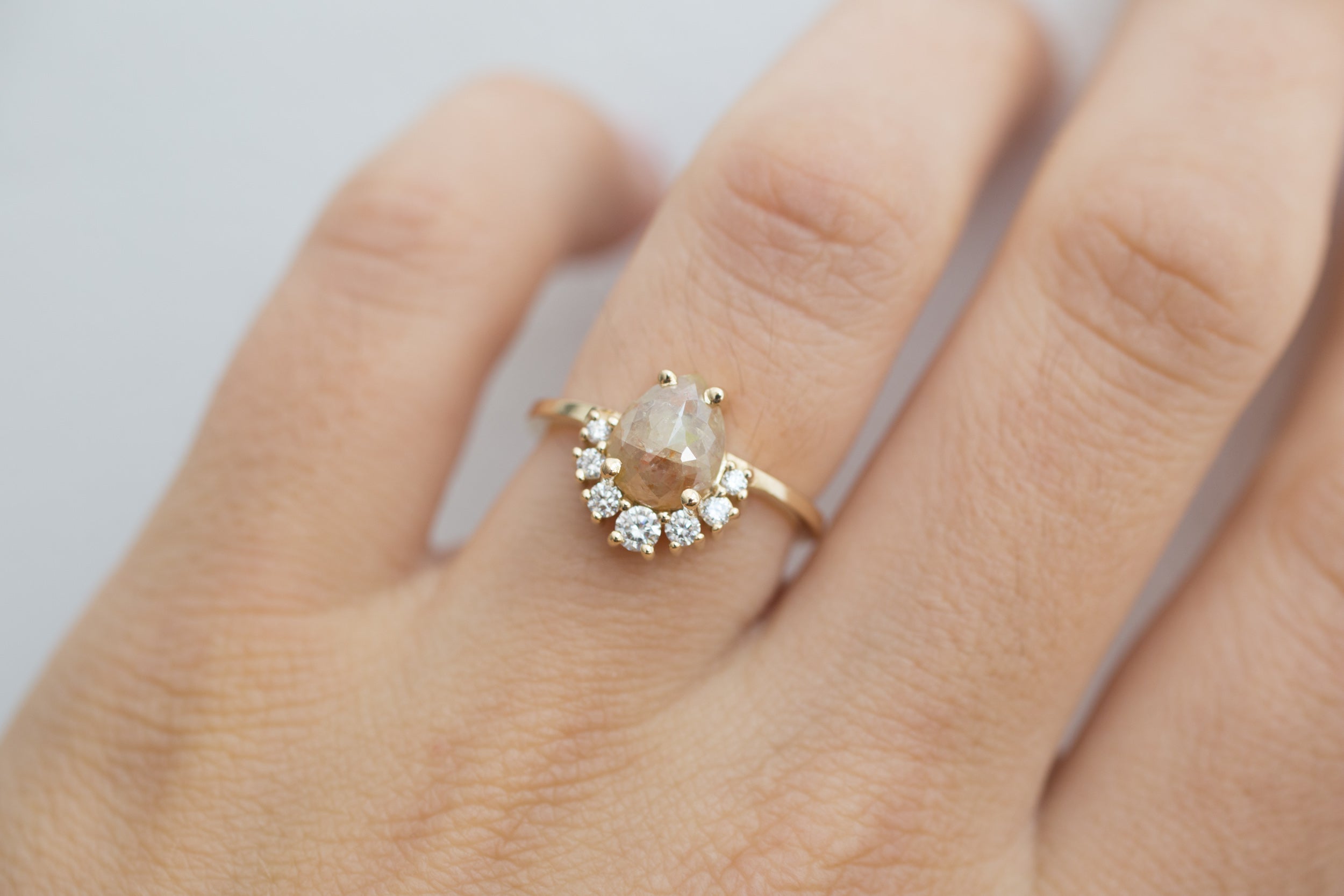 Laurel Ring | Peach Pear Rose Cut Rustic Diamond + Diamond Cluster Engagement Ring | 14k Recycled Gold | One of a Kind