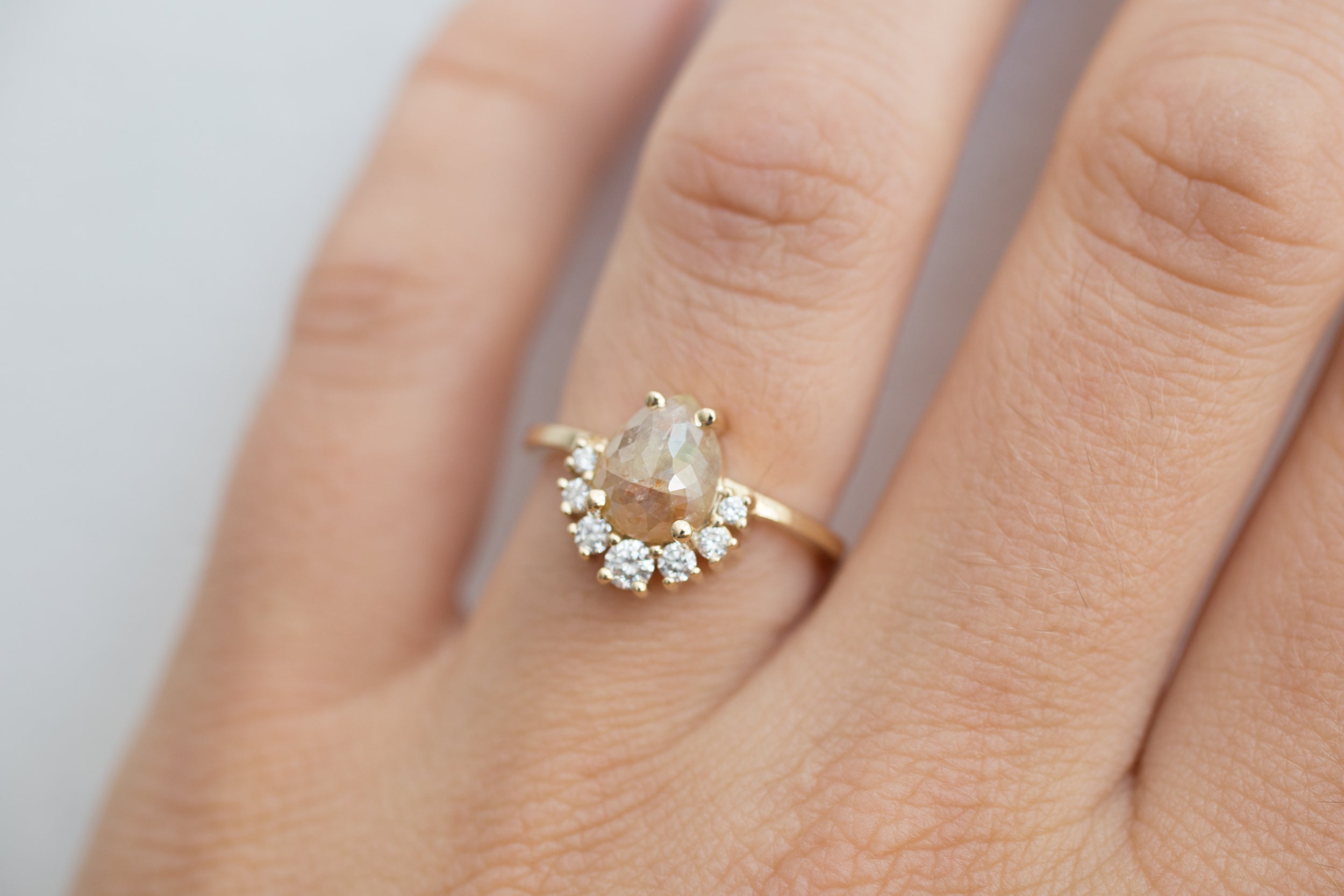 Laurel Ring | Peach Pear Rose Cut Rustic Diamond + Diamond Cluster Engagement Ring | 14k Recycled Gold | One of a Kind