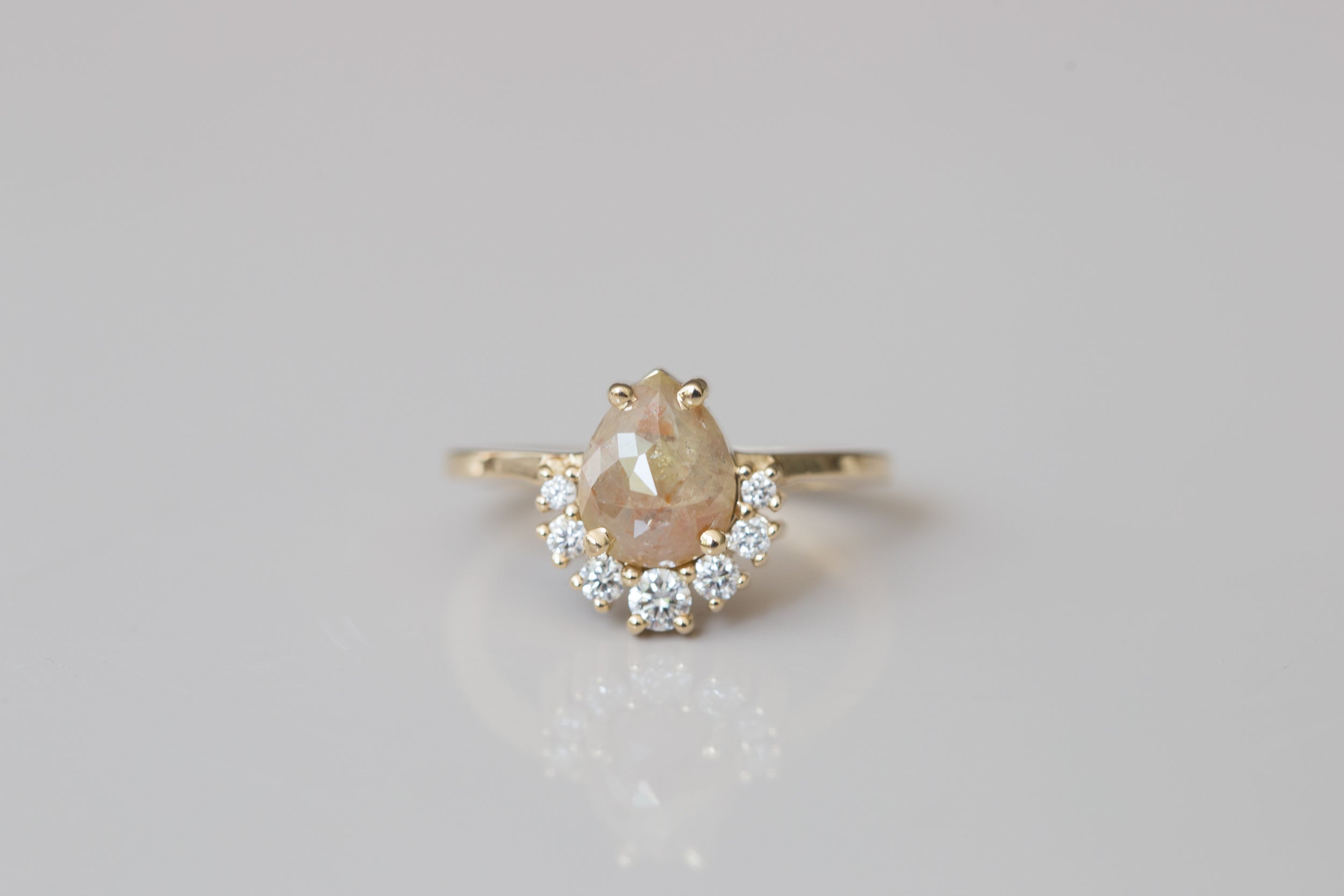 Laurel Ring | Peach Pear Rose Cut Rustic Diamond + Diamond Cluster Engagement Ring | 14k Recycled Gold | One of a Kind