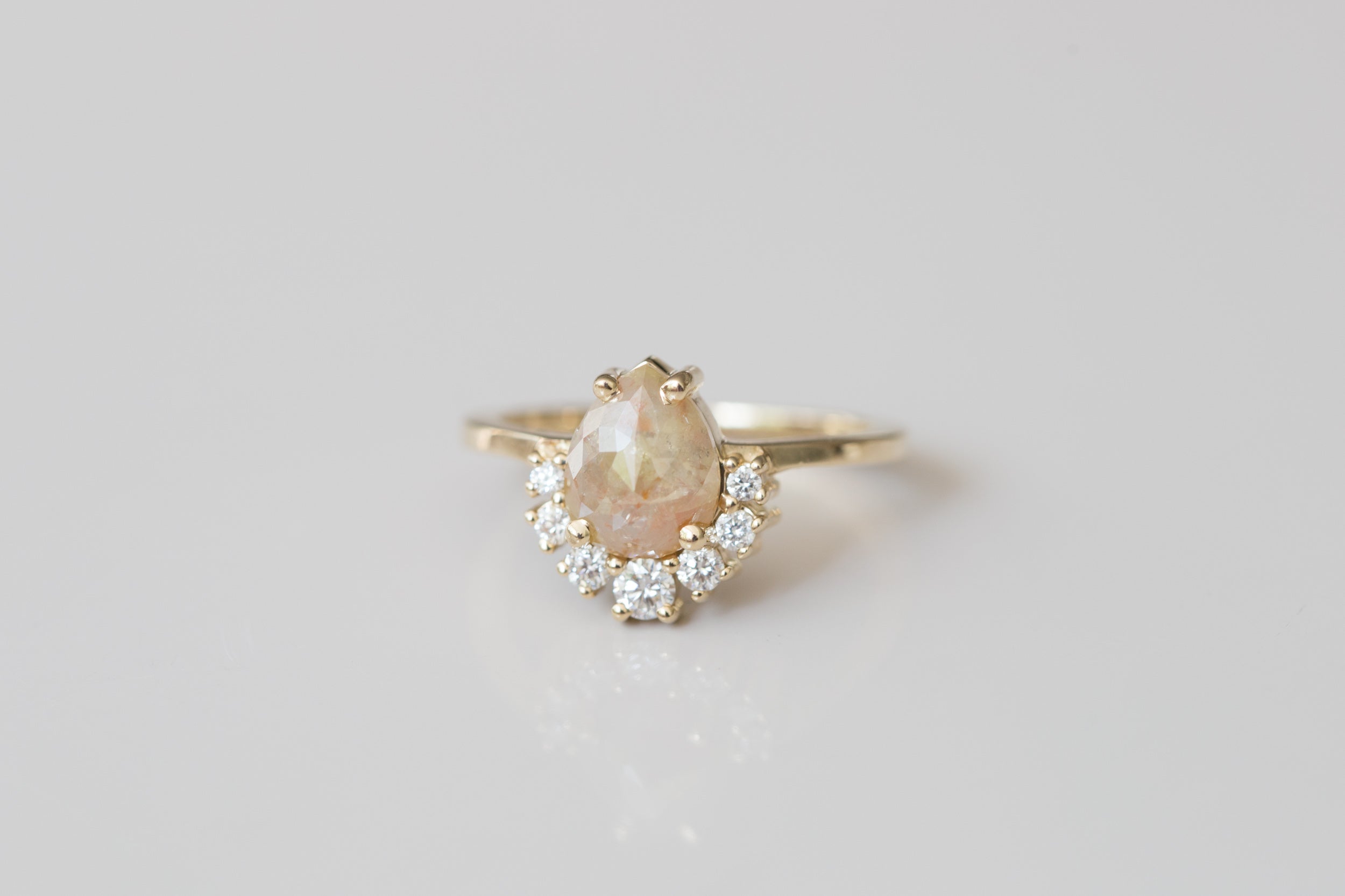 Laurel Ring | Peach Pear Rose Cut Rustic Diamond + Diamond Cluster Engagement Ring | 14k Recycled Gold | One of a Kind