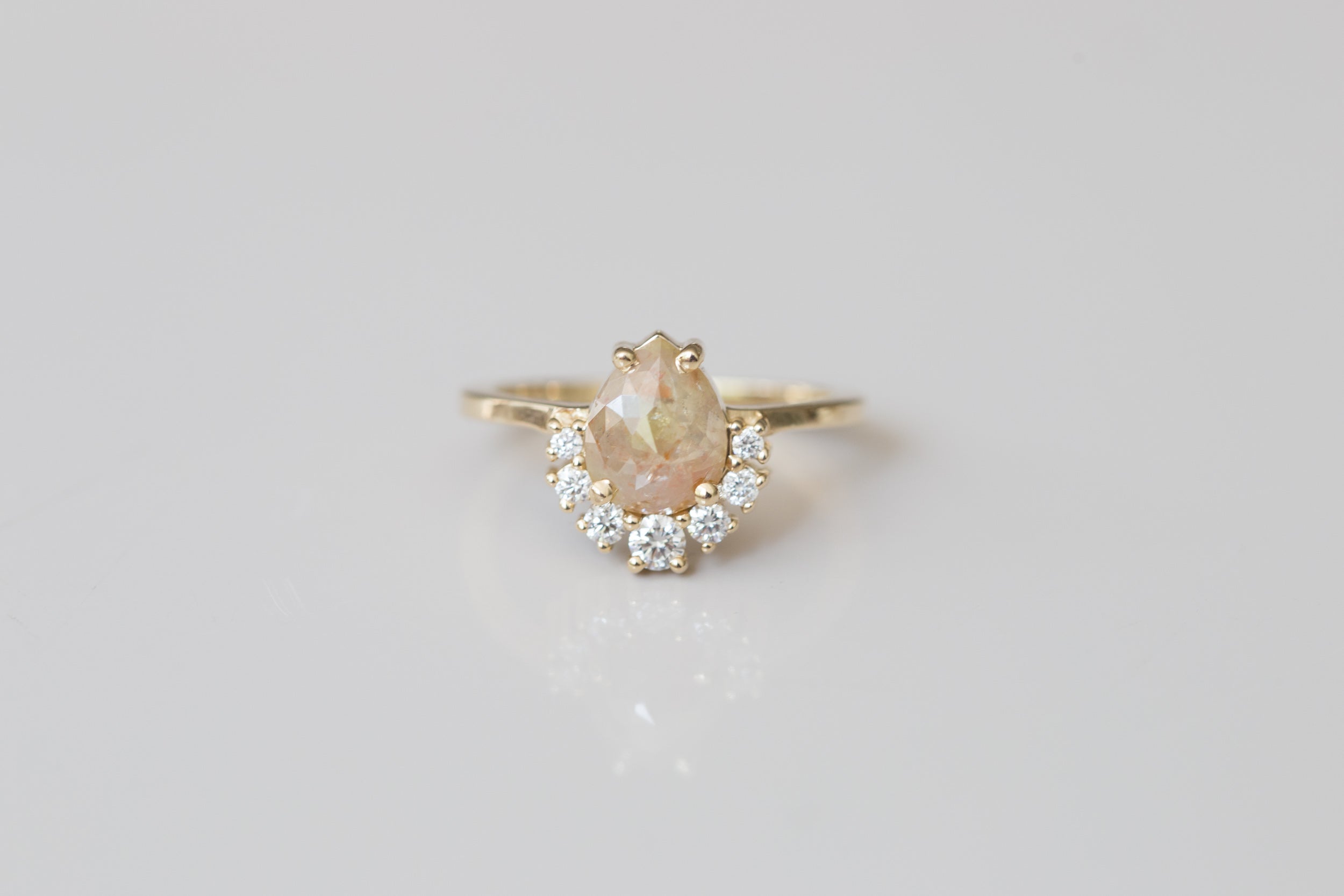 Laurel Ring | Peach Pear Rose Cut Rustic Diamond + Diamond Cluster Engagement Ring | 14k Recycled Gold | One of a Kind