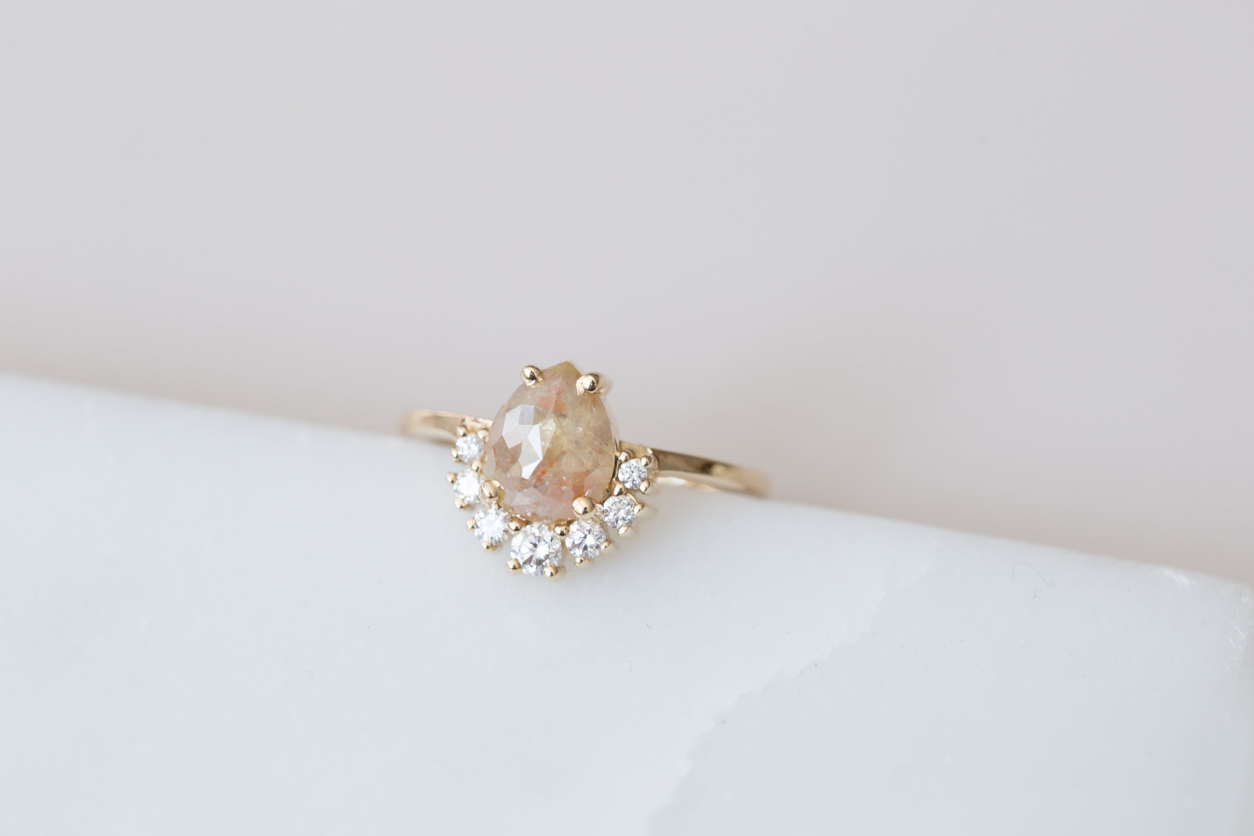 Laurel Ring | Peach Pear Rose Cut Rustic Diamond + Diamond Cluster Engagement Ring | 14k Recycled Gold | One of a Kind
