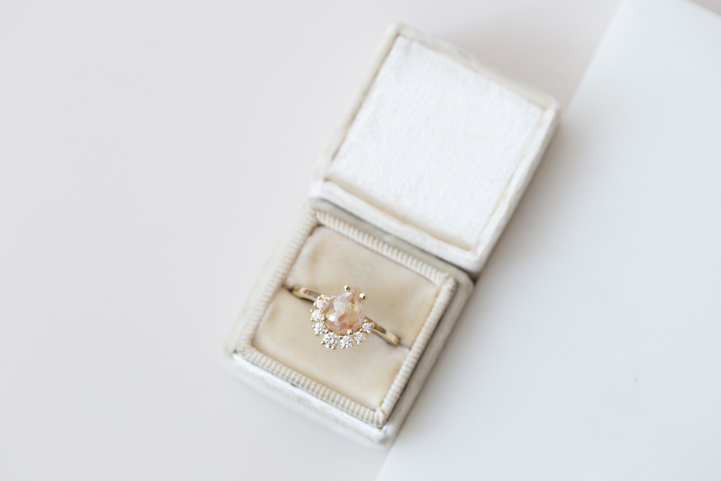 Laurel Ring | Peach Pear Rose Cut Rustic Diamond + Diamond Cluster Engagement Ring | 14k Recycled Gold | One of a Kind