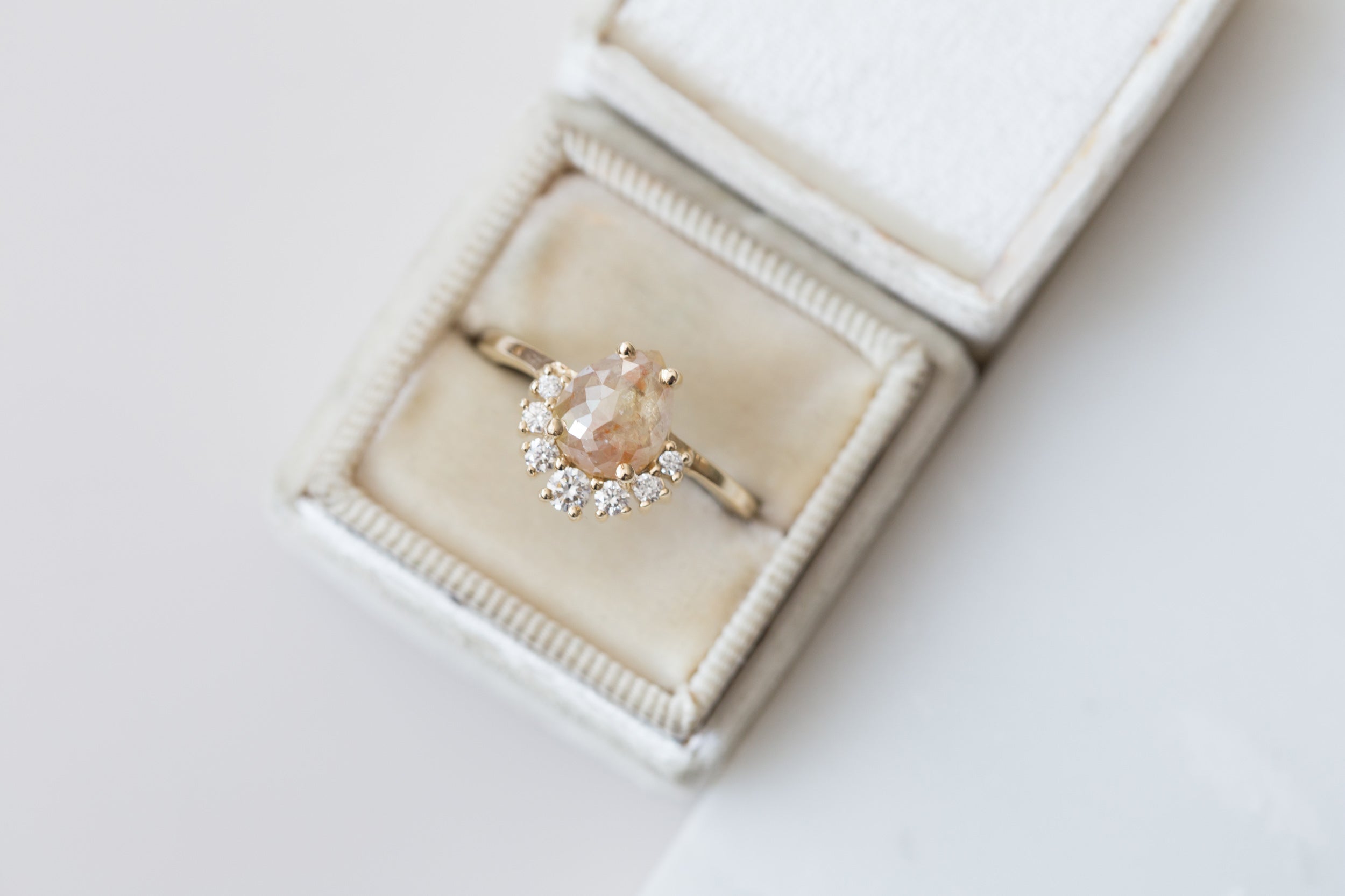 Laurel Ring | Peach Pear Rose Cut Rustic Diamond + Diamond Cluster Engagement Ring | 14k Recycled Gold | One of a Kind
